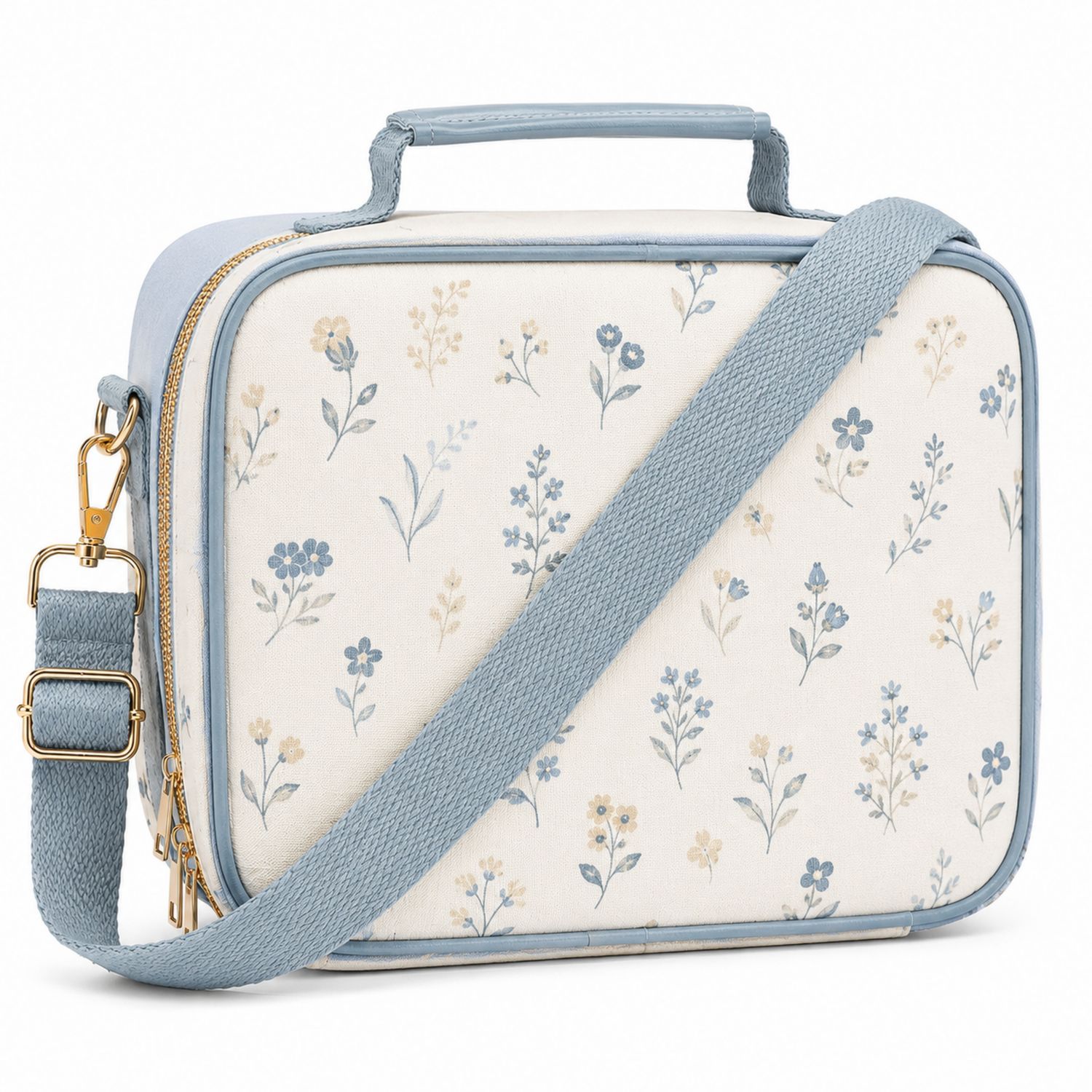 Borsa Termica Isolata con Tracolla Motivo Floreale Bianco e Blu
