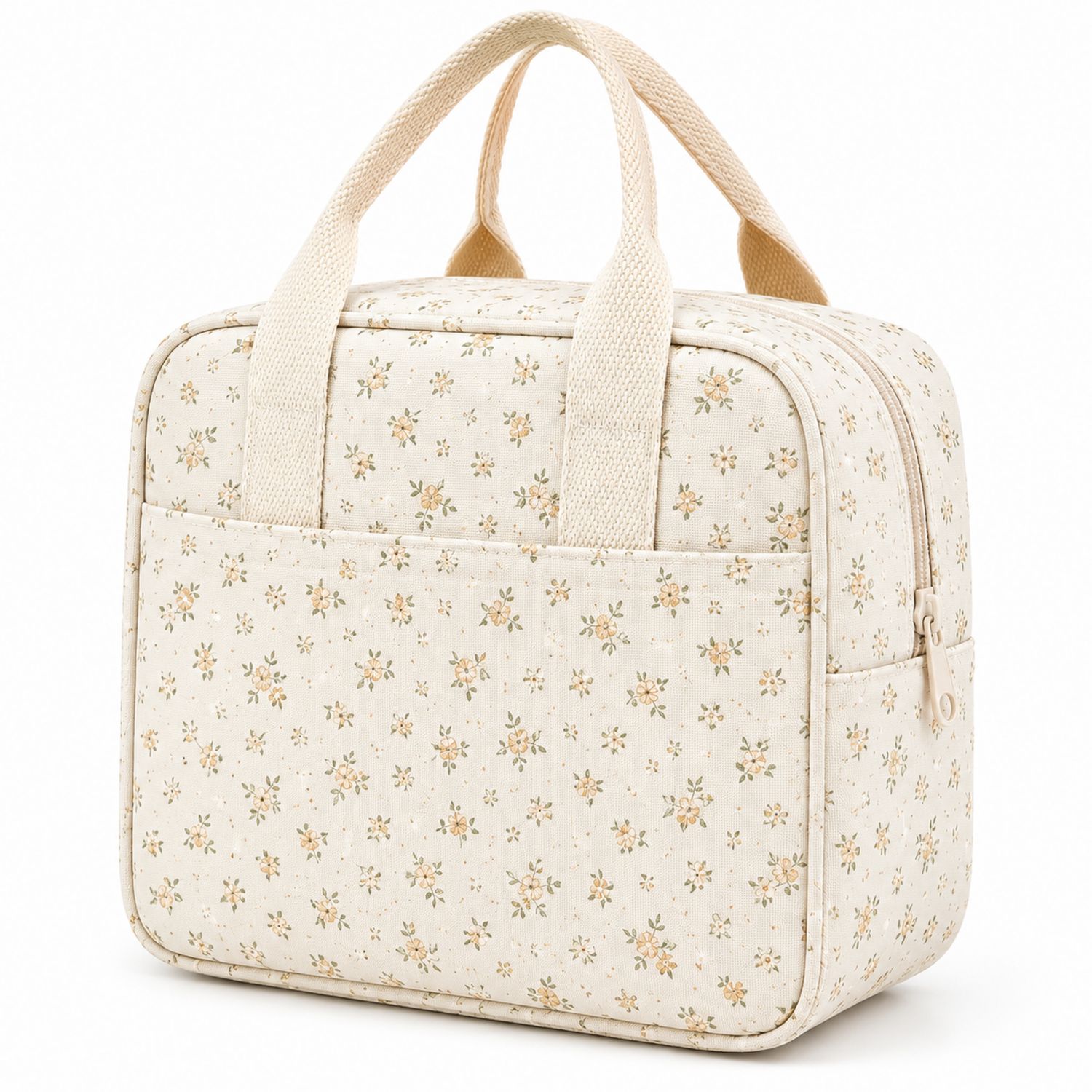 Borsa Termica Floreale Beige a Mano con Cerniera