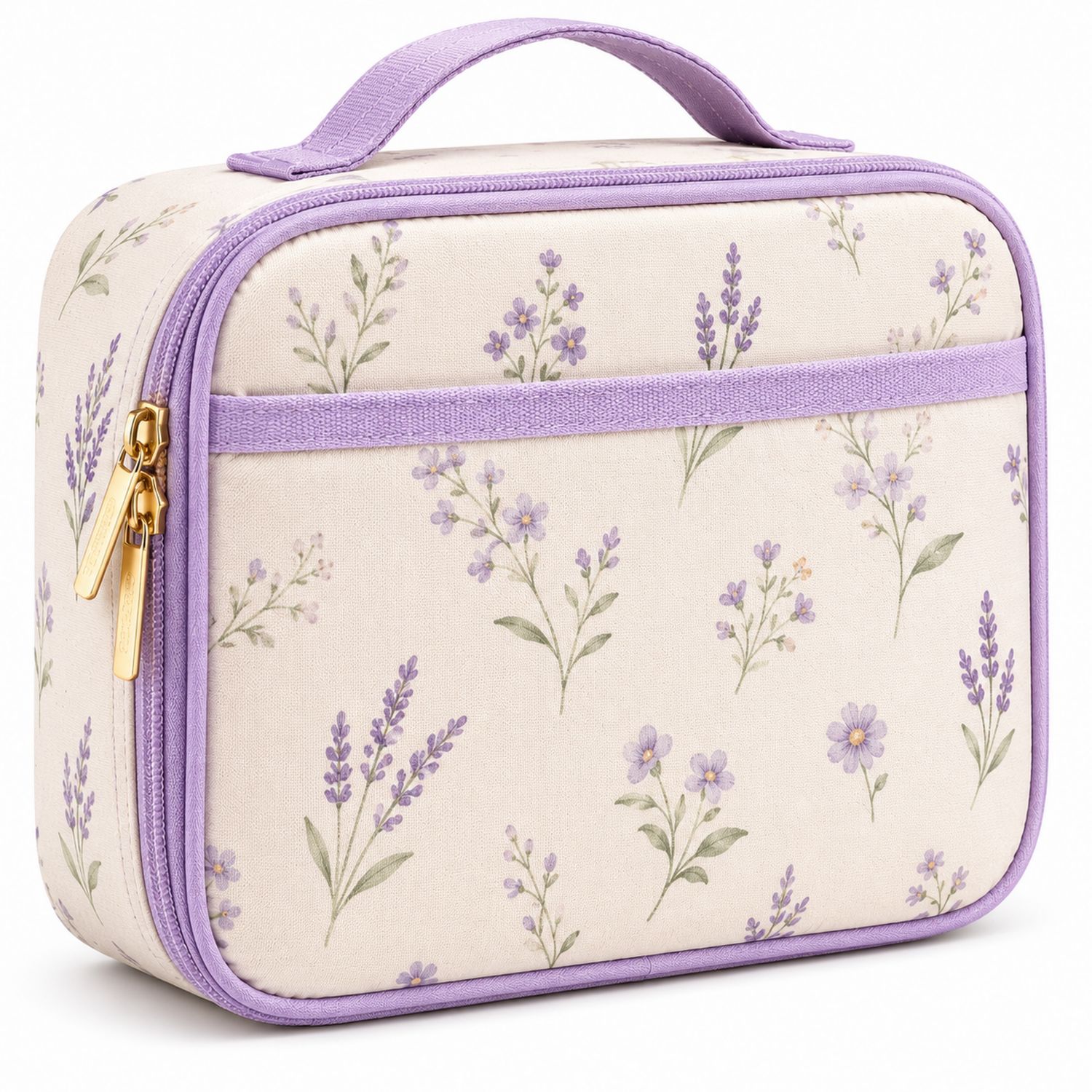 Borsa Termica con Motivo Floreale Lavanda Lilla/Beige