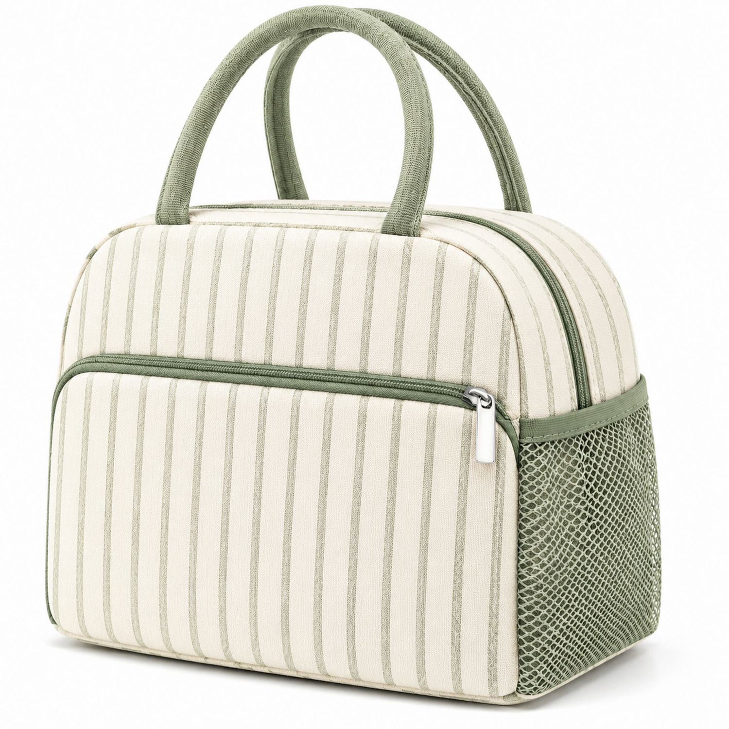 Borsa Termica a Righe Verde e Beige con Tasche