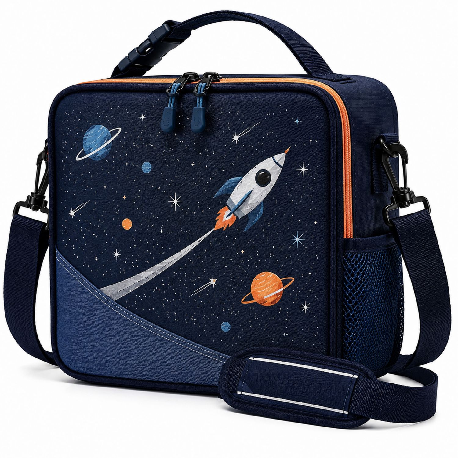 Borsa Termica per Bambini con Motivo Razzo, Blu e Arancione