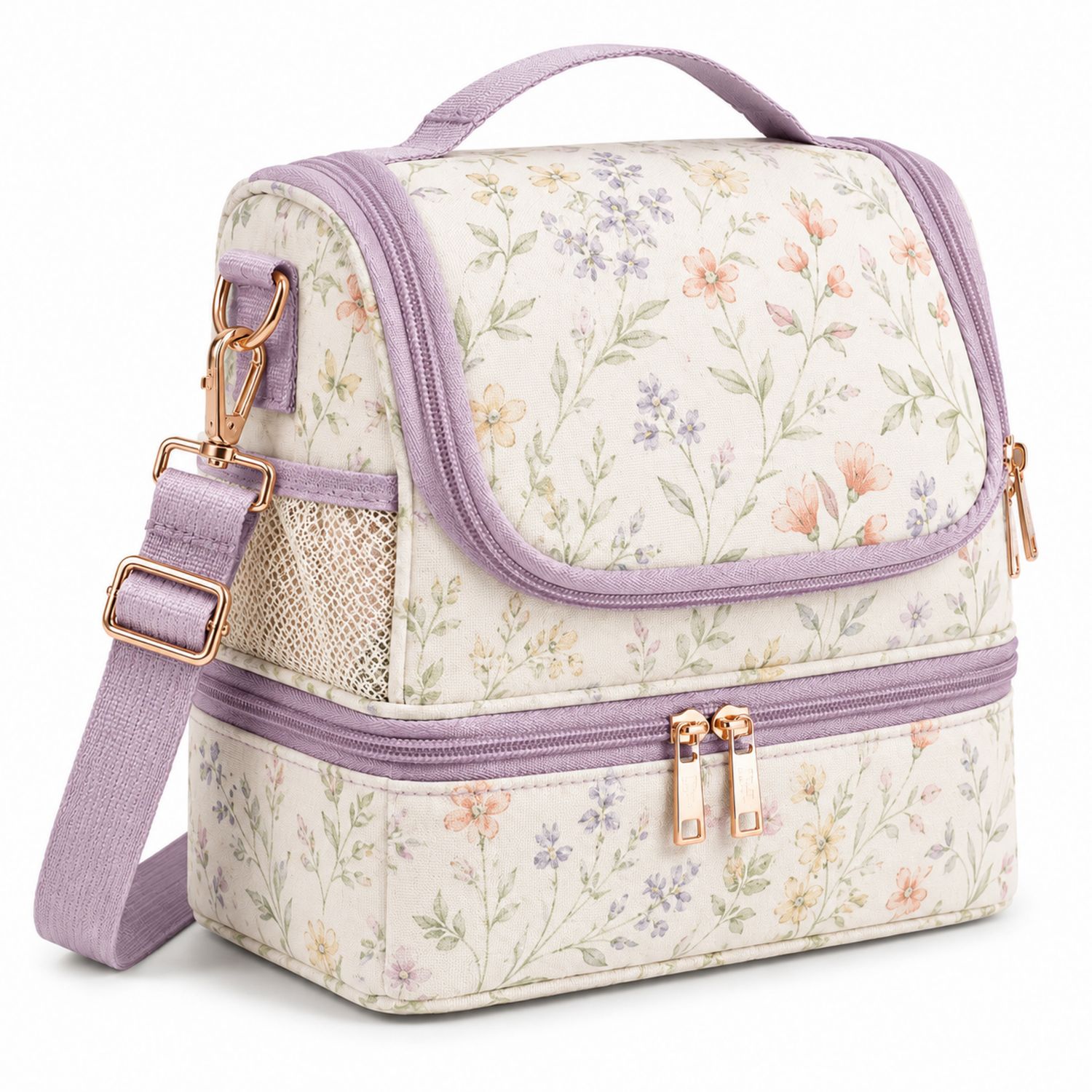 Borsa Termica Floreale in Viola e Crema a Due Livelli