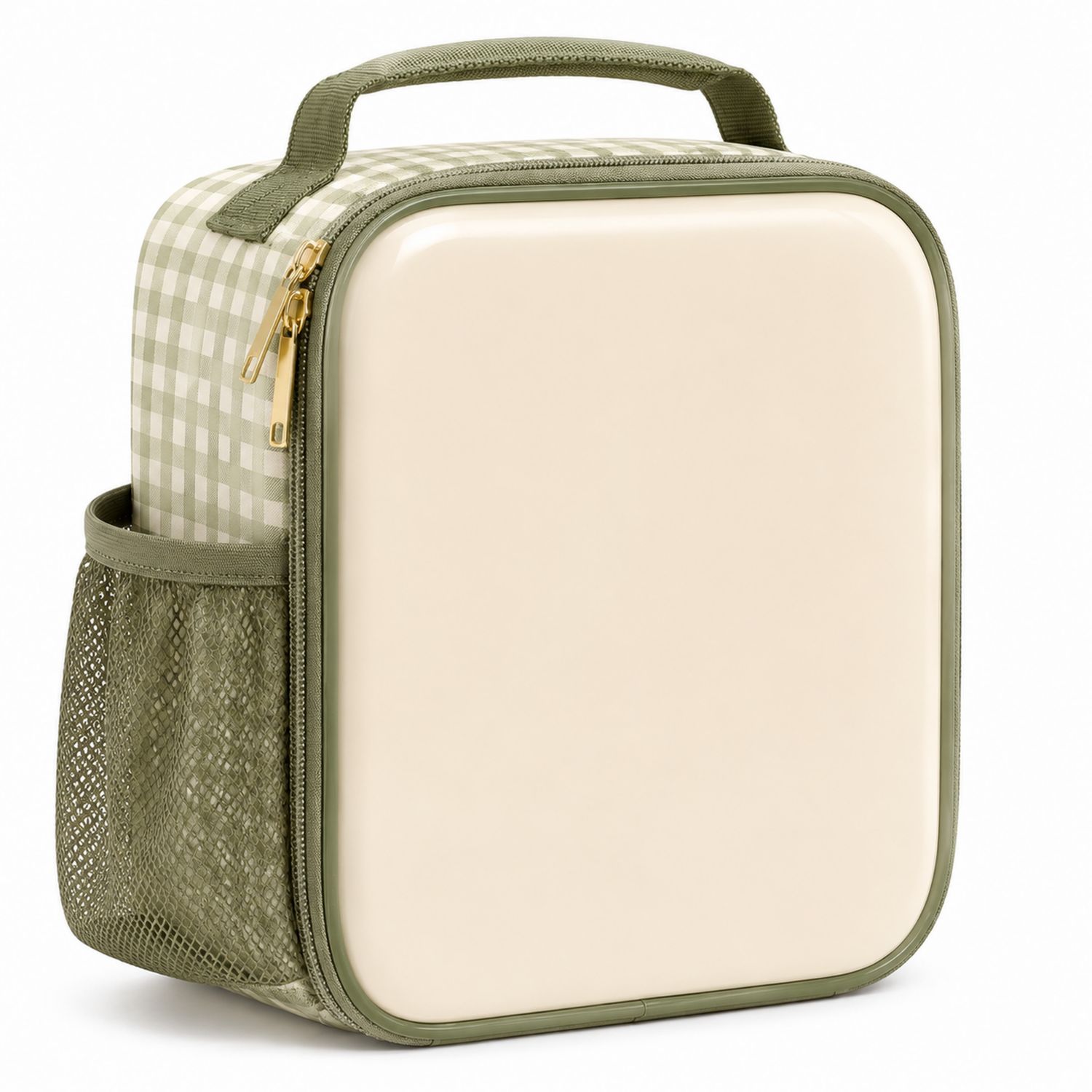 Borsa Termica Rettangolare Verde e Beige con Motivo a Quadri