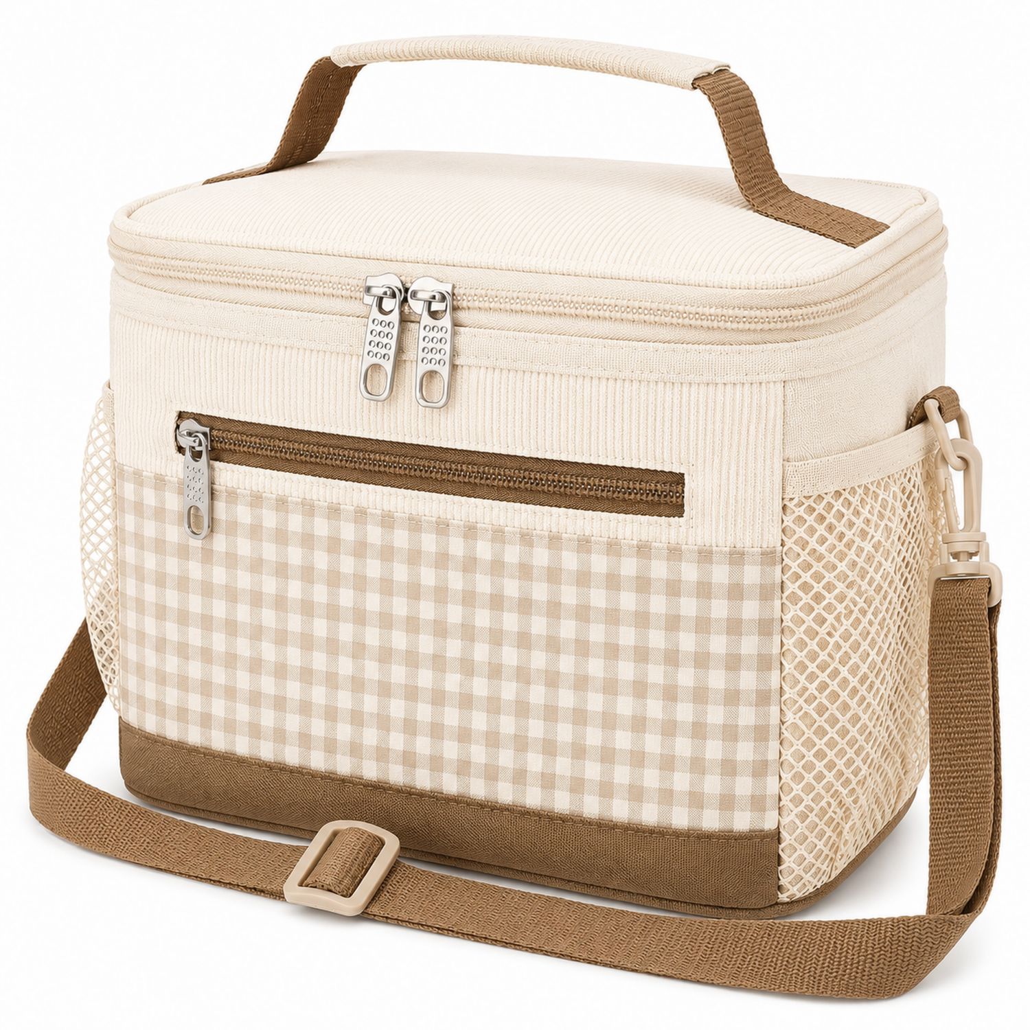 Borsa Termica Beige a Quadretti con Tracolla Regolabile