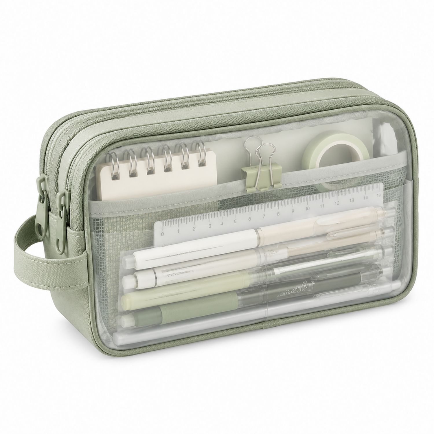 Astuccio Trasparente Multiuso Verde Salvia con Zip