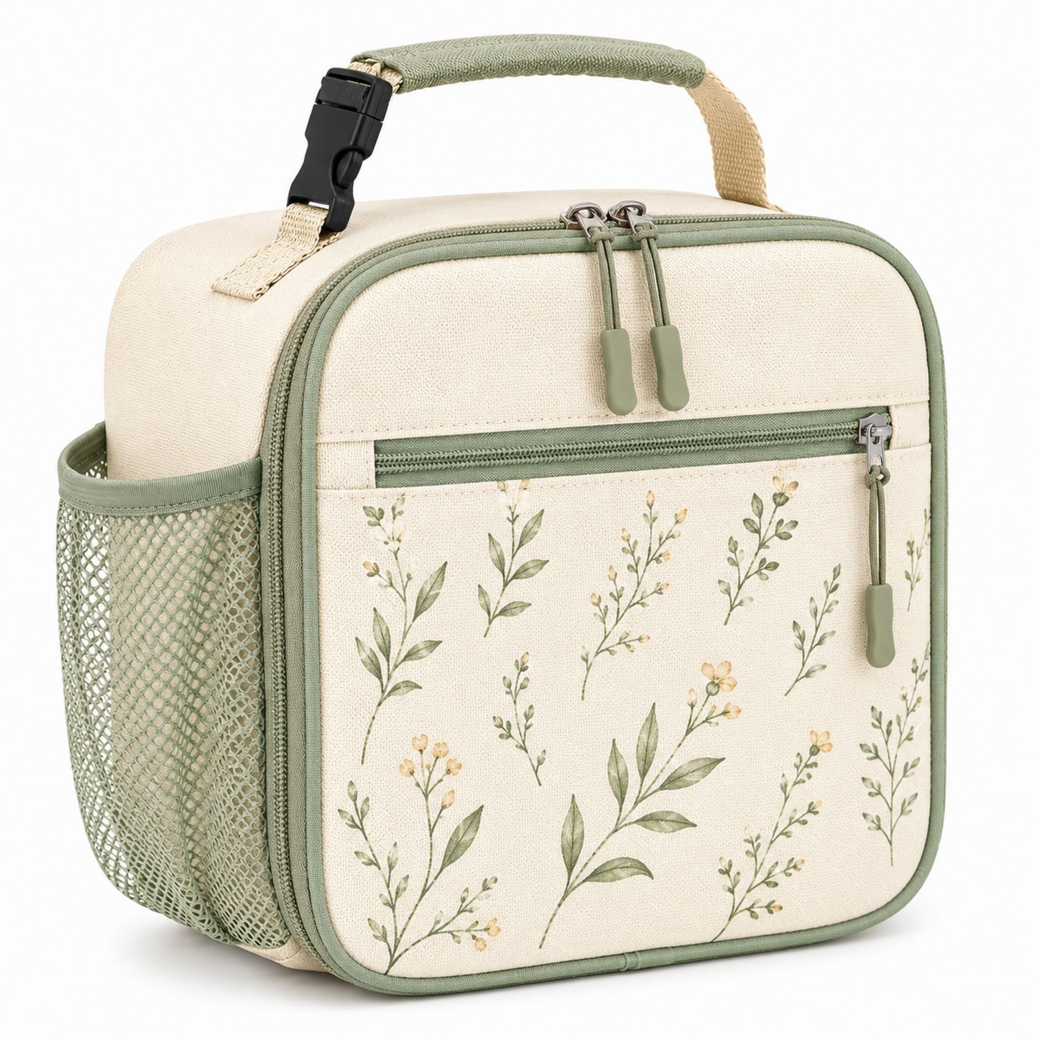 Borsa Termica Pranzo Motivo Floreale Beige e Verde