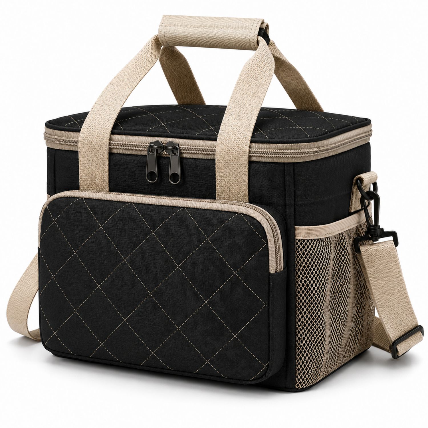 Borsa Termica Portapranzo 8L Nera e Beige con Cuciture a Rombi