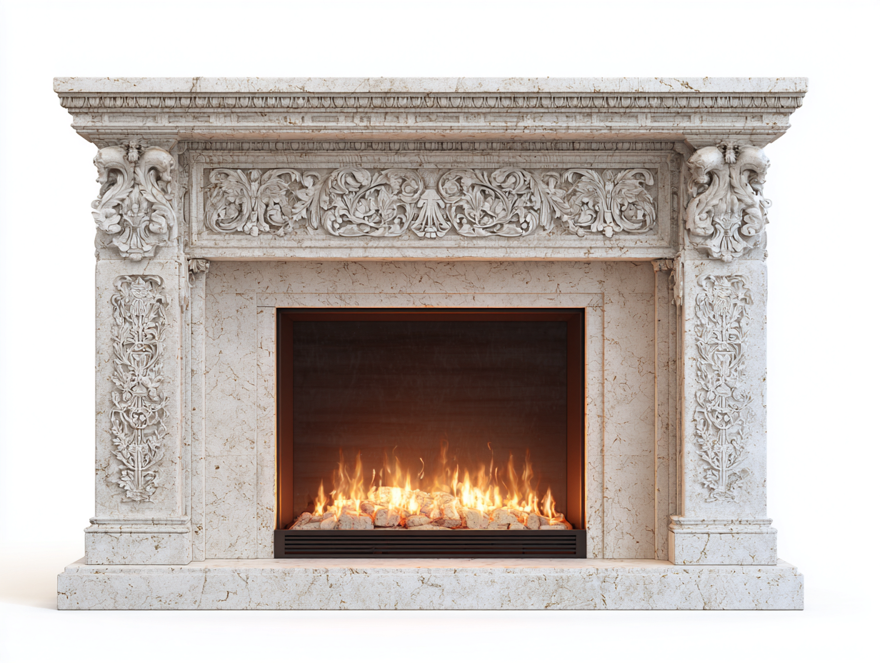 Camino-Marmo-metallo-vetro-162x45x115 cm-bianco avorio-Classicismo europeo-Lumanihaus