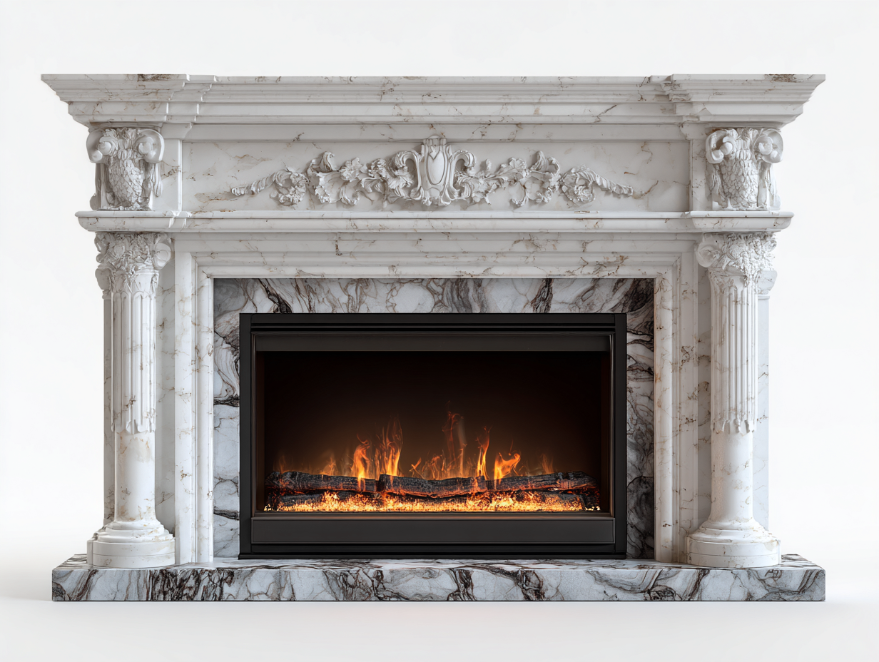 Camino-Marmo-metallo-vetro-168x44x118 cm-bianco grigio venato-Classicismo europeo-Lumanihaus