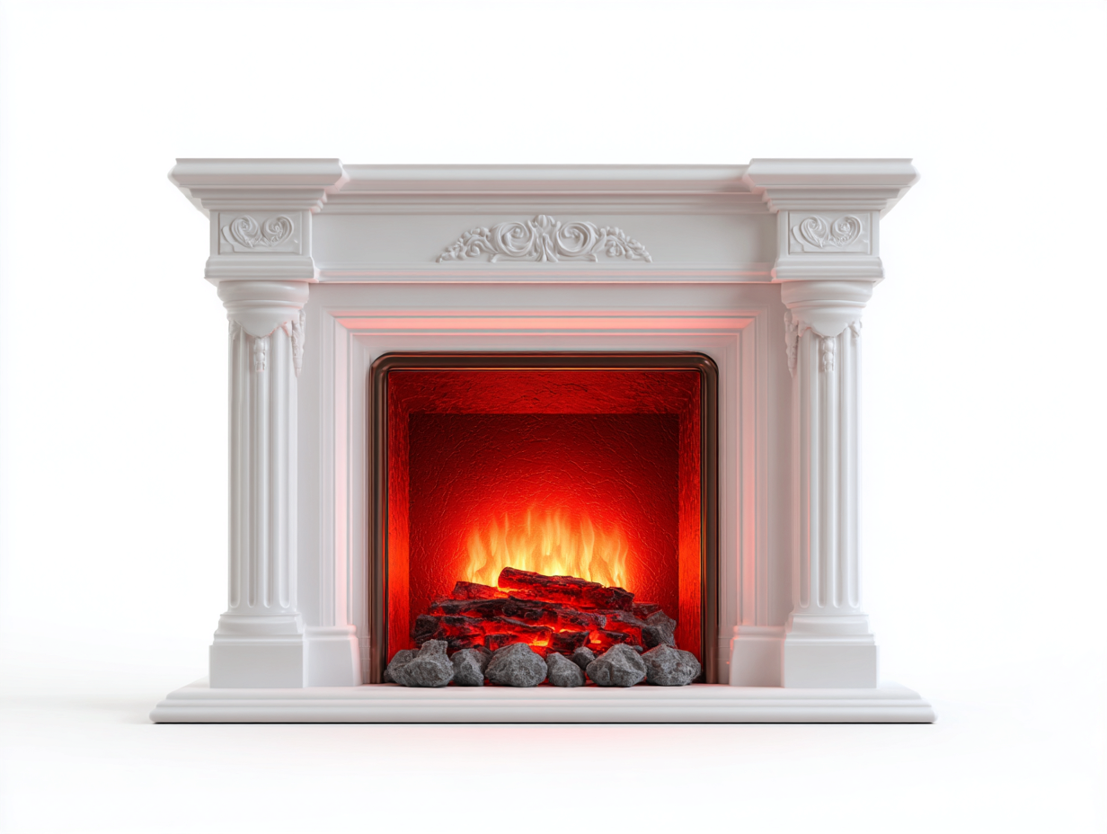 Camino-resina-metallo-vetro-140x40x95 cm-bianco-Neoclassico moderno-Lumanihaus