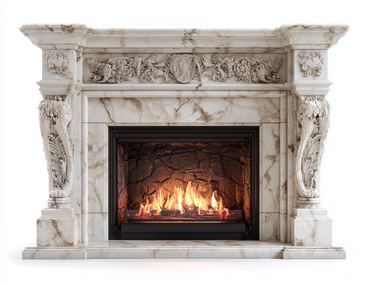 Camino-Marmo-metallo-vetro-154x41x109 cm-bianco caldo venato-Classicismo europeo-Lumanihaus