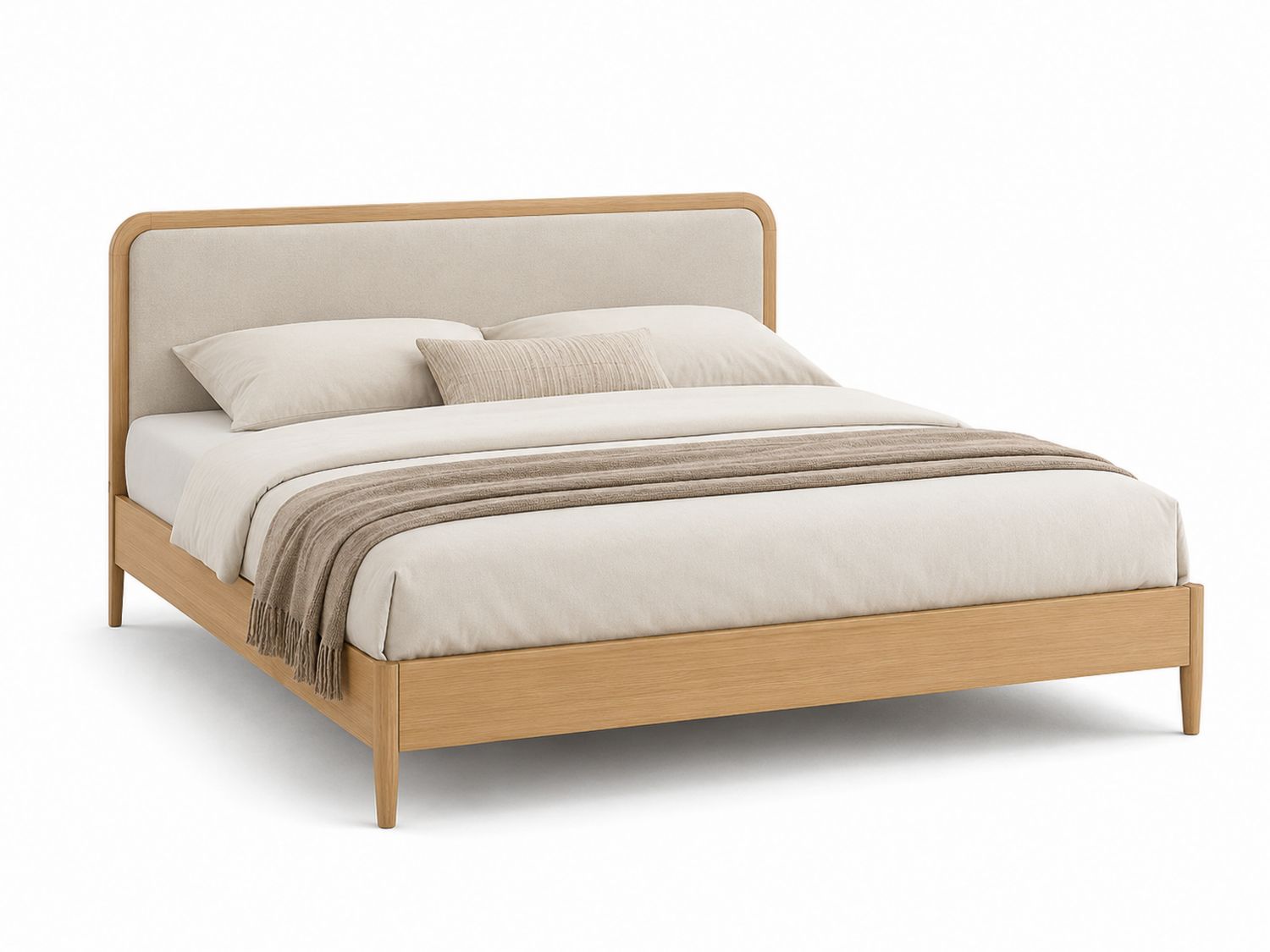 Letto Matrimoniale in Legno e Tessuto Beige