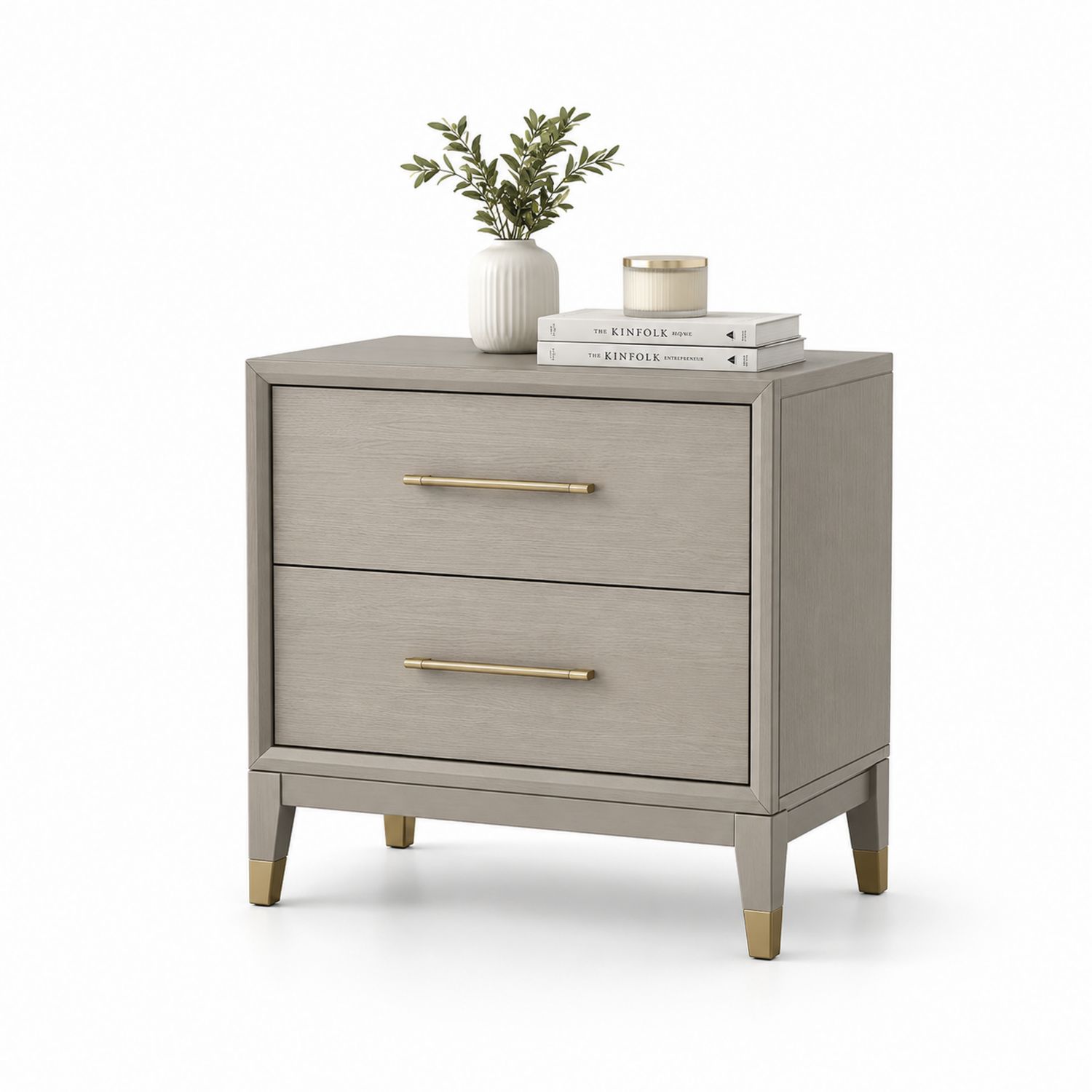 Comodino a due cassetti in legno con maniglie in metallo, Grigio, 60x40x58 cm