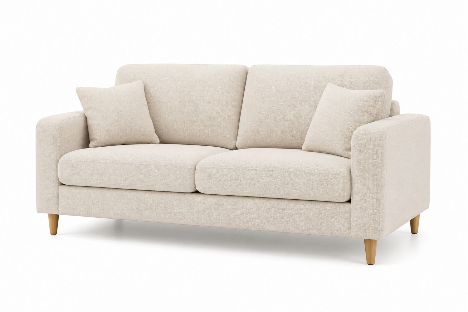 Divano in Tessuto Beige con Gambe in Legno e Cuscini