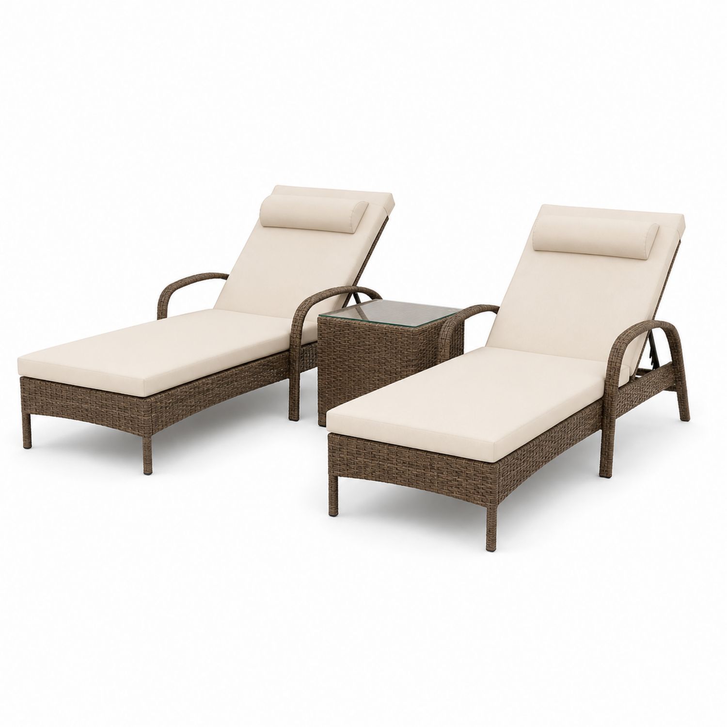 Set Lettini Prendisole in Rattan con Cuscini Regolabili e Tavolino in Vetro