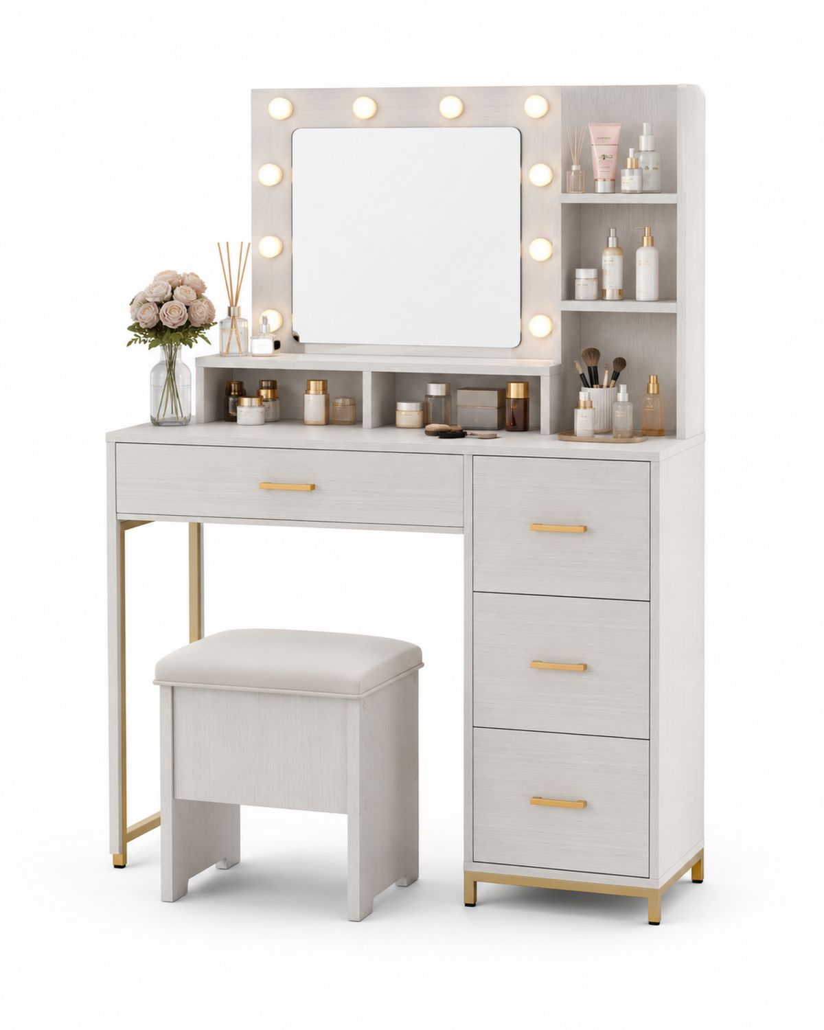 Toeletta in Legno e Metallo con Specchio LED, 100cm x 40cm x 145cm, Bianco e Oro