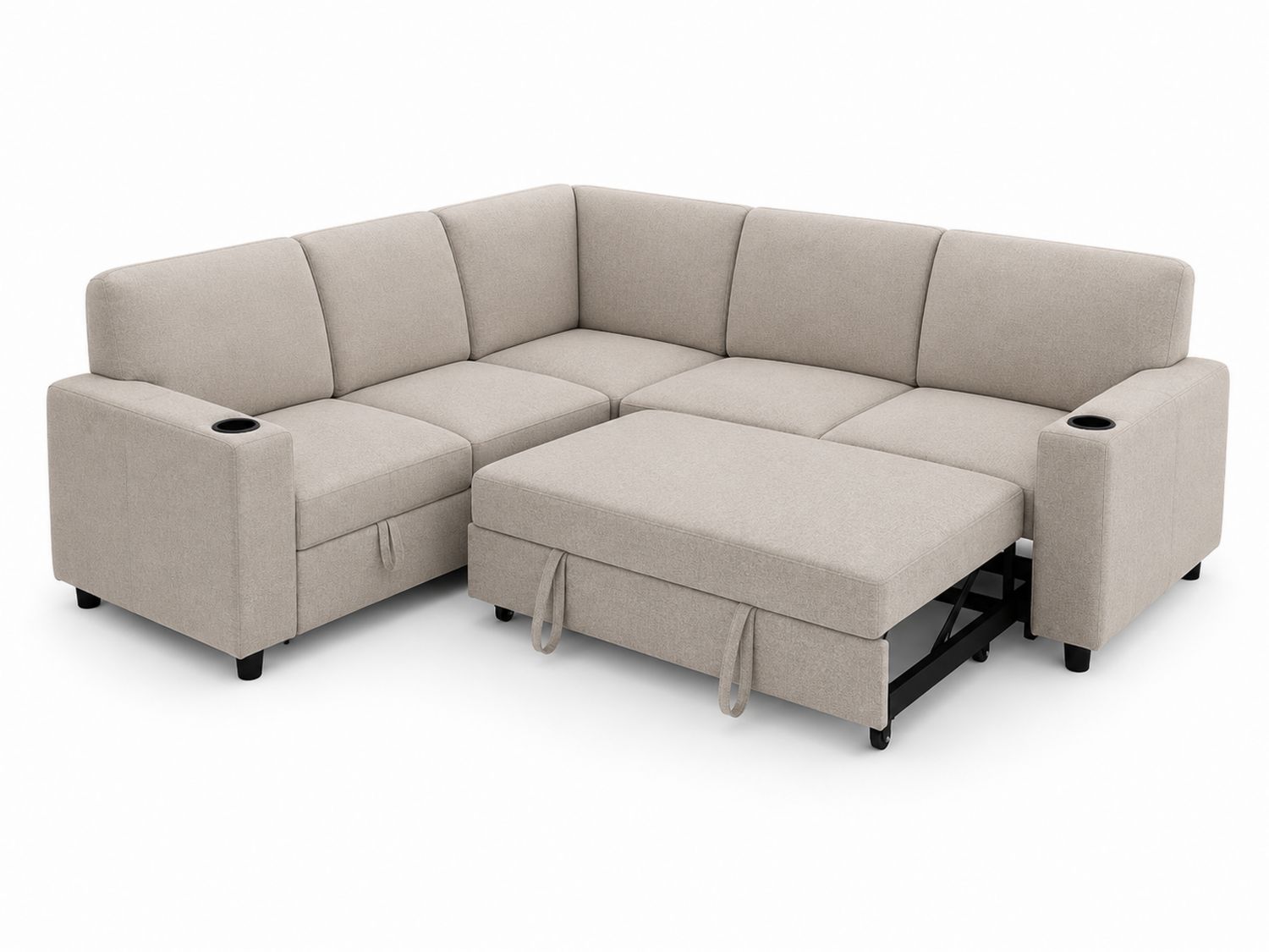 Divano angolare letto tessuto poliestere beige con portabicchieri