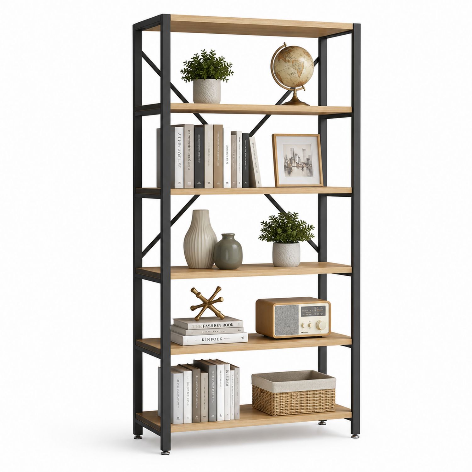 Scaffale Libreria 5 Ripiani Legno Metallo Nero