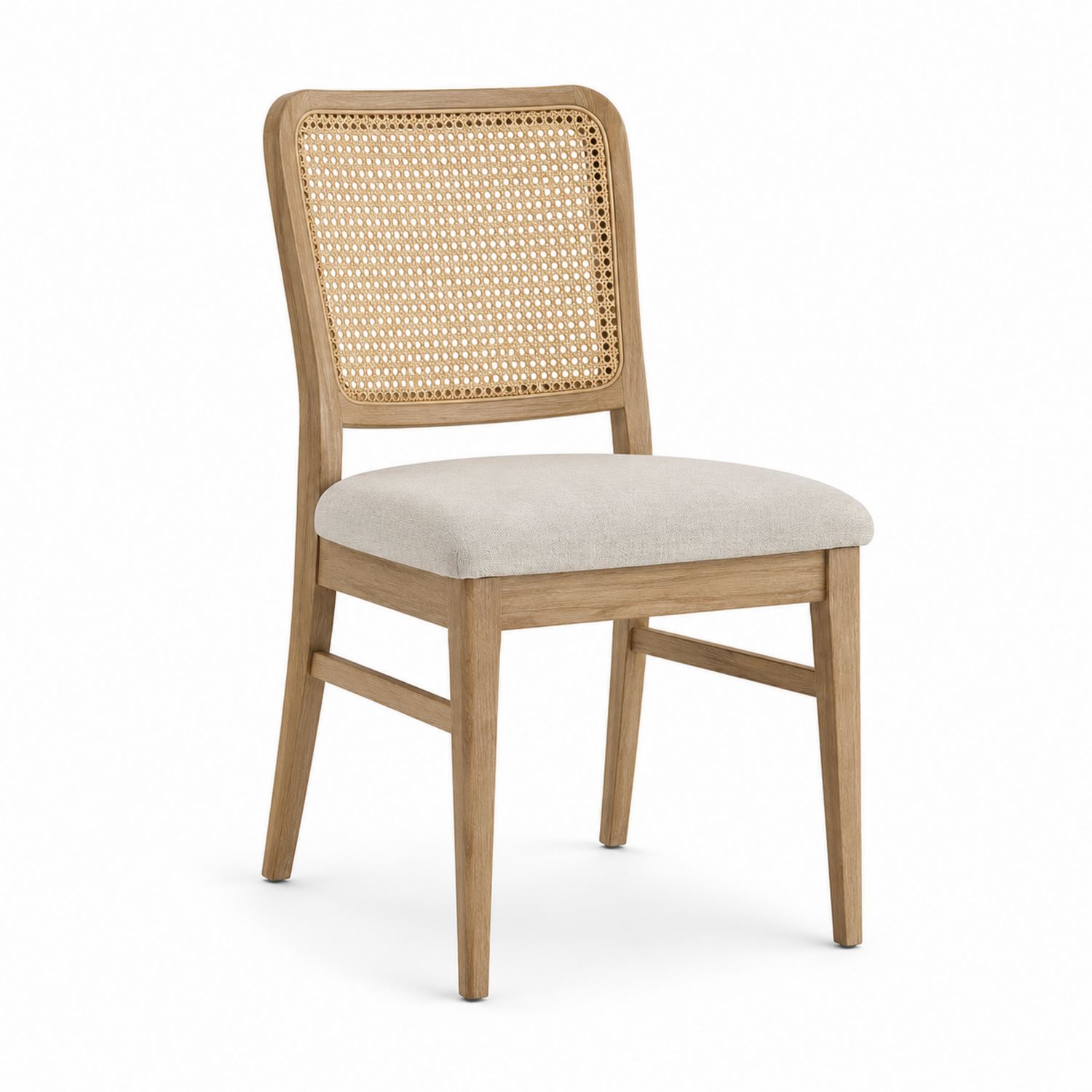 Sedia in Legno e Rattan con Rivestimento in Lino
