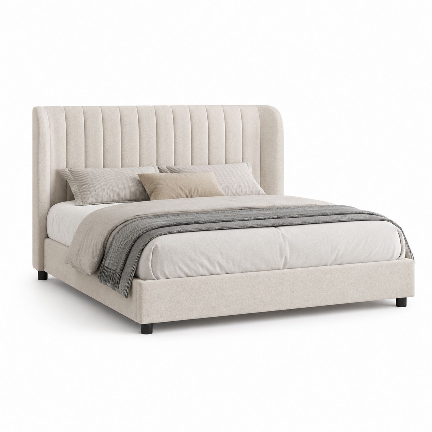 Letto matrimoniale con testiera in tessuto beige
