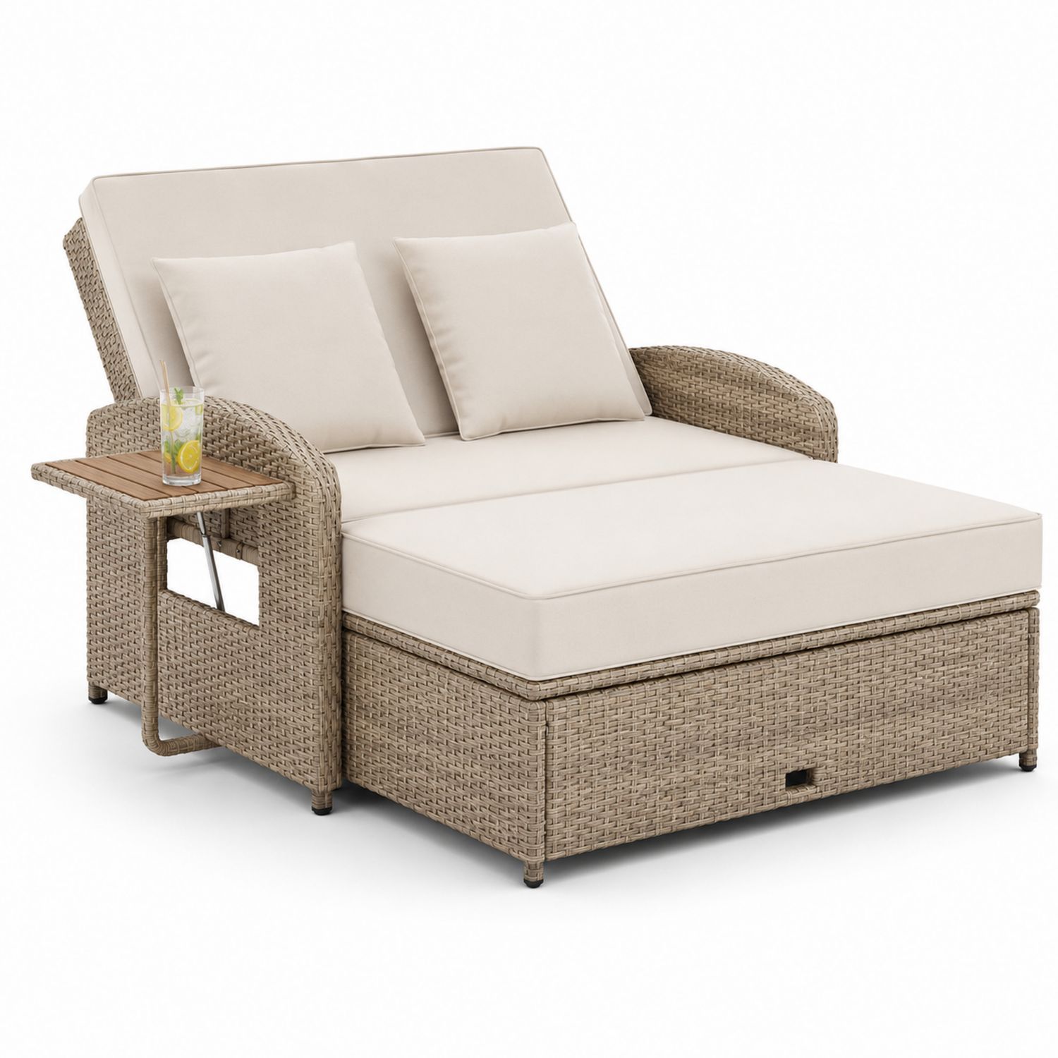 Lettino da giorno in rattan con cuscini beige e tavolino laterale