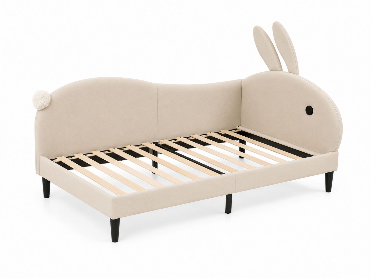 Letto per Bambini con Testiera a Coniglio in Legno e Velluto Beige