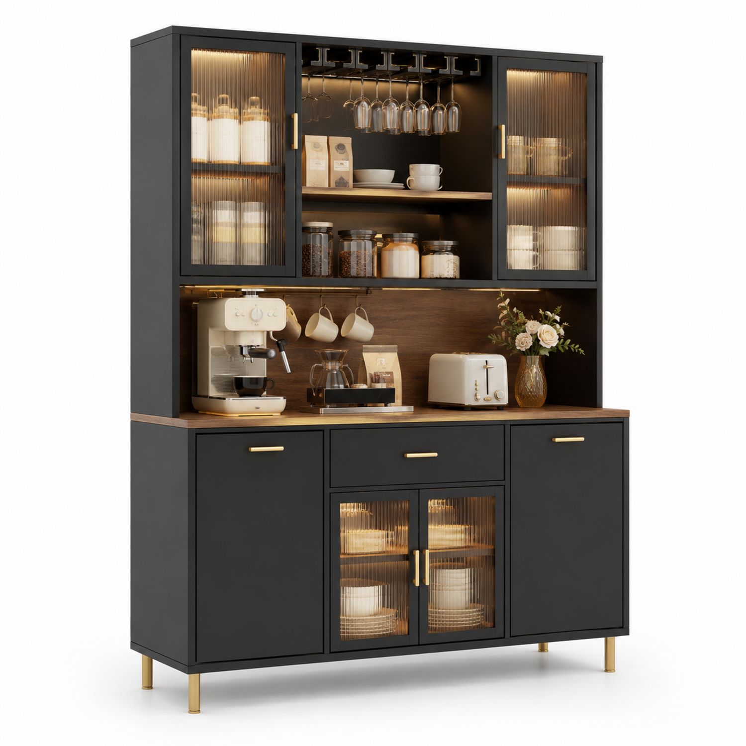 Credenza da Cucina in MDF e Vetro Temperato Nero con Dettagli in Noce