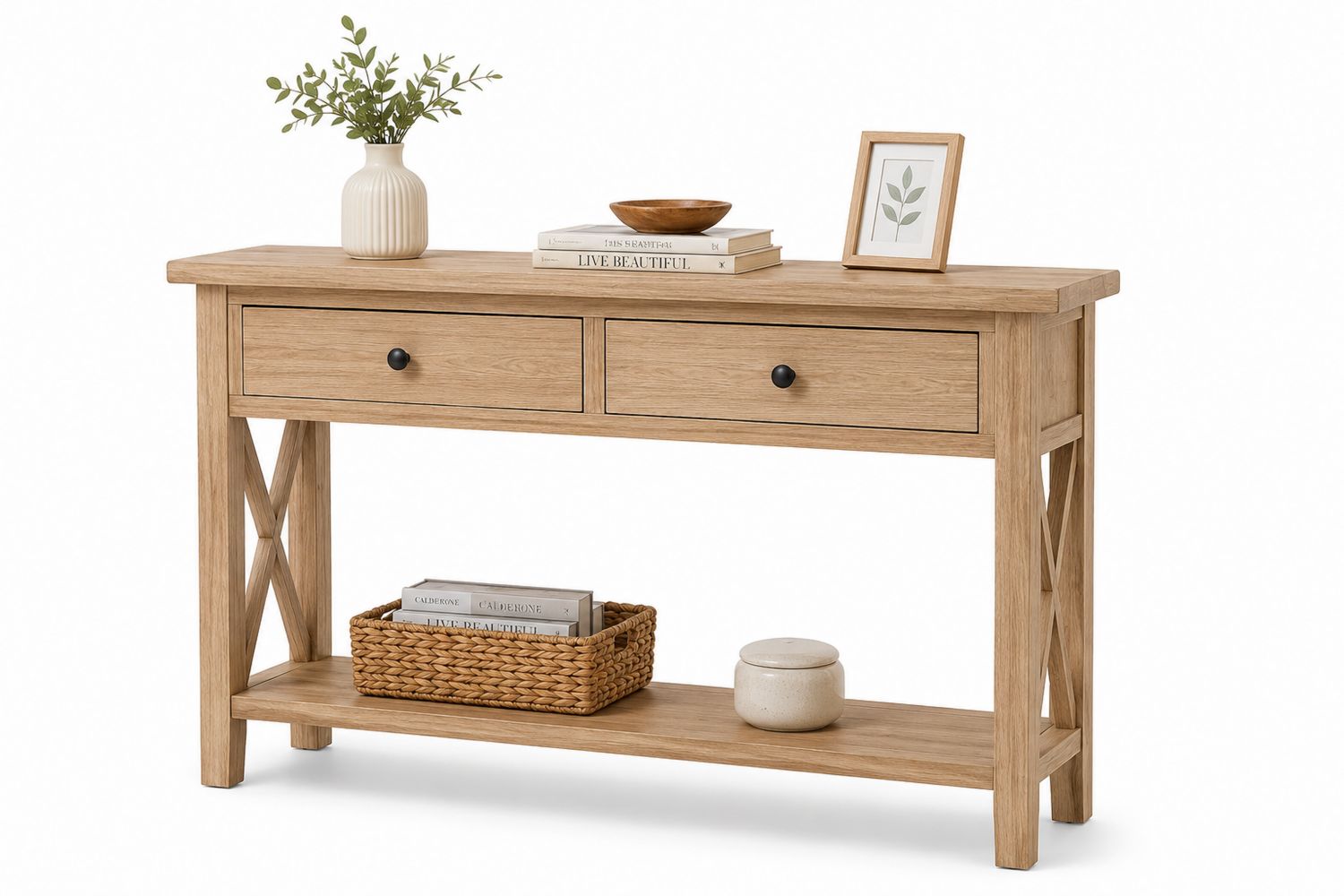 Consolle in Legno di Rovere con Cassetti e Ripiano
