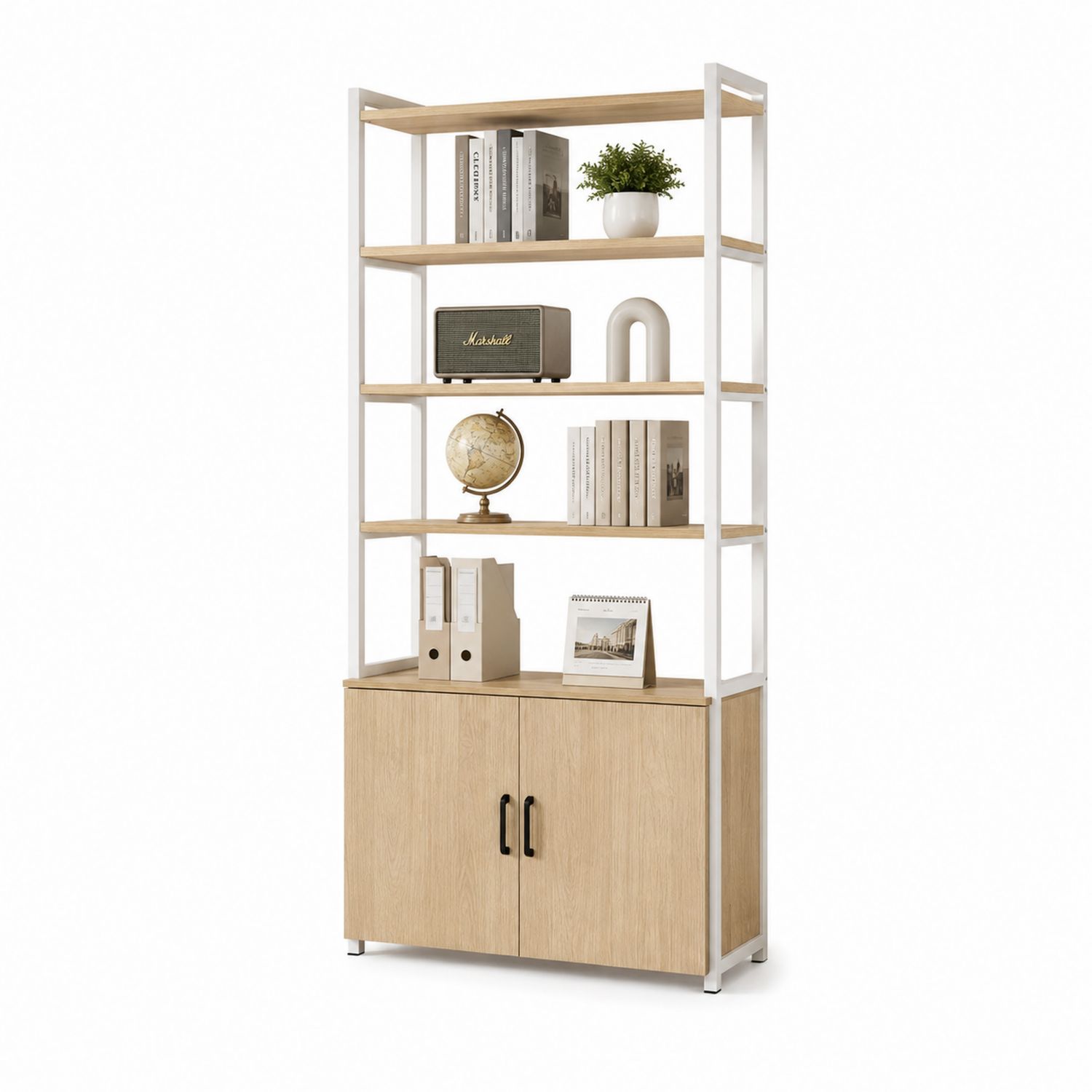 Libreria a 5 Ripiani e Armadio Inferiore in Legno e Metallo, 180cm x 80cm x 40cm, Rovere Naturale e Bianco