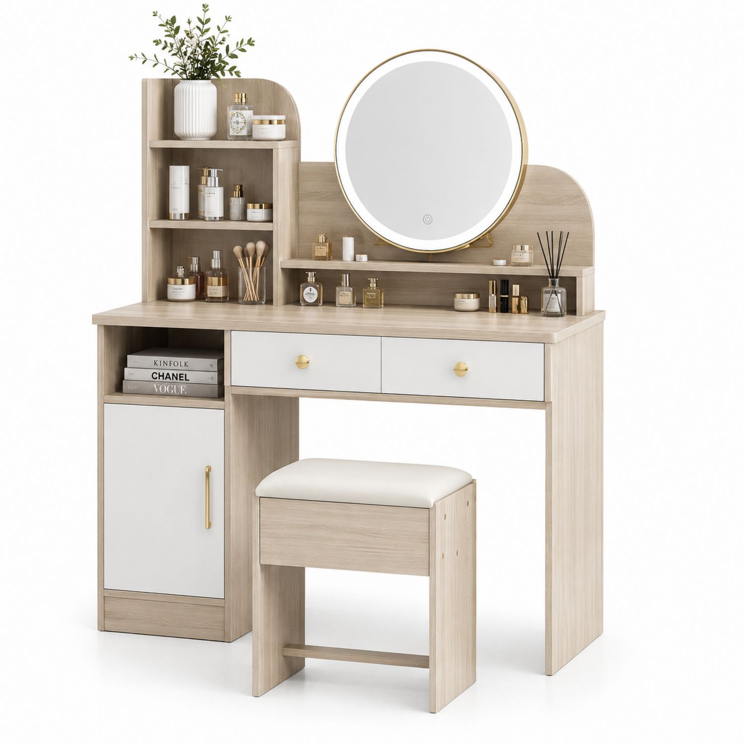Toeletta in Legno Chiaro e Bianco con Specchio Rotondo e Sgabello