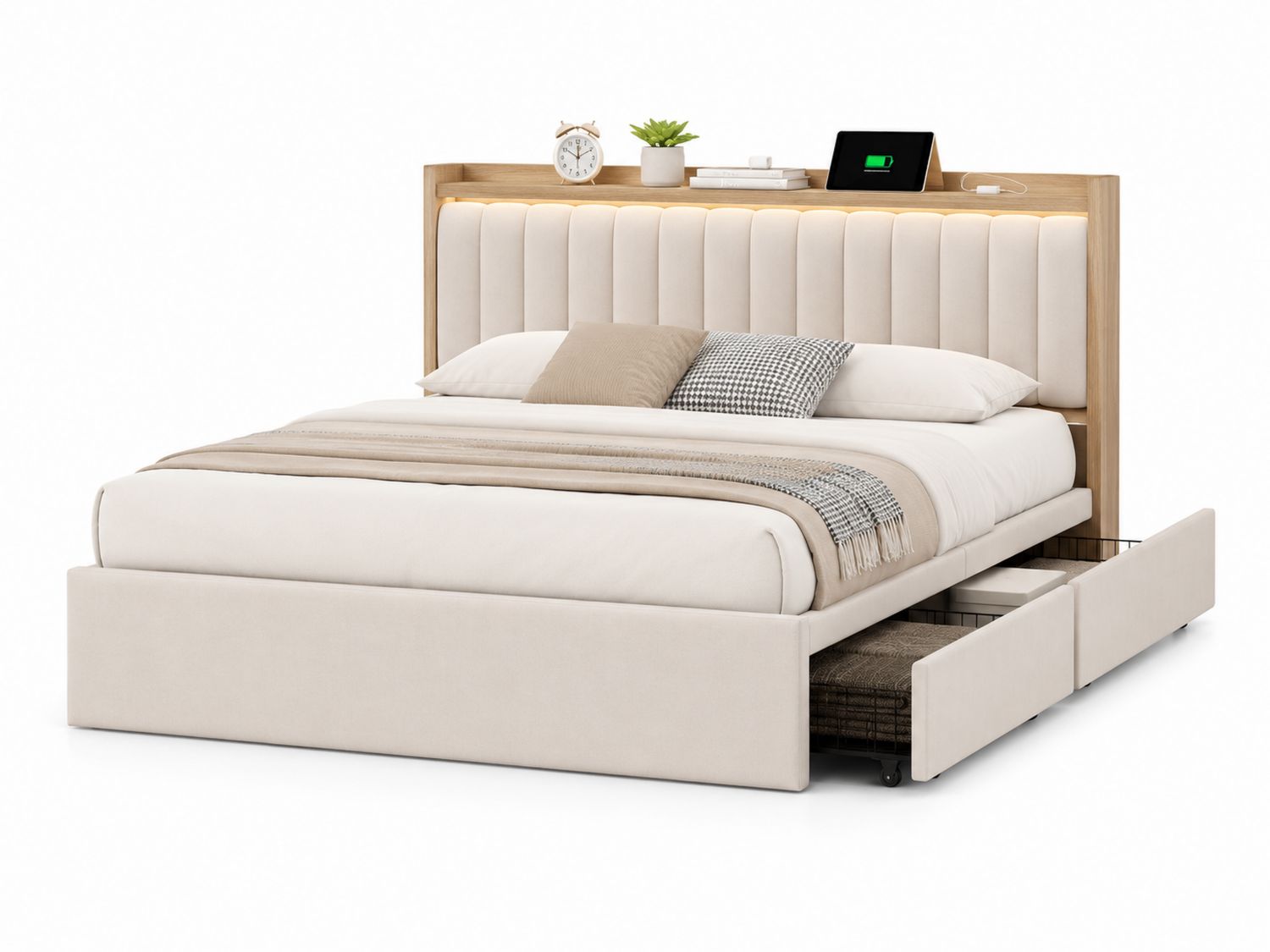 Letto matrimoniale in legno con contenitore in tessuto crema