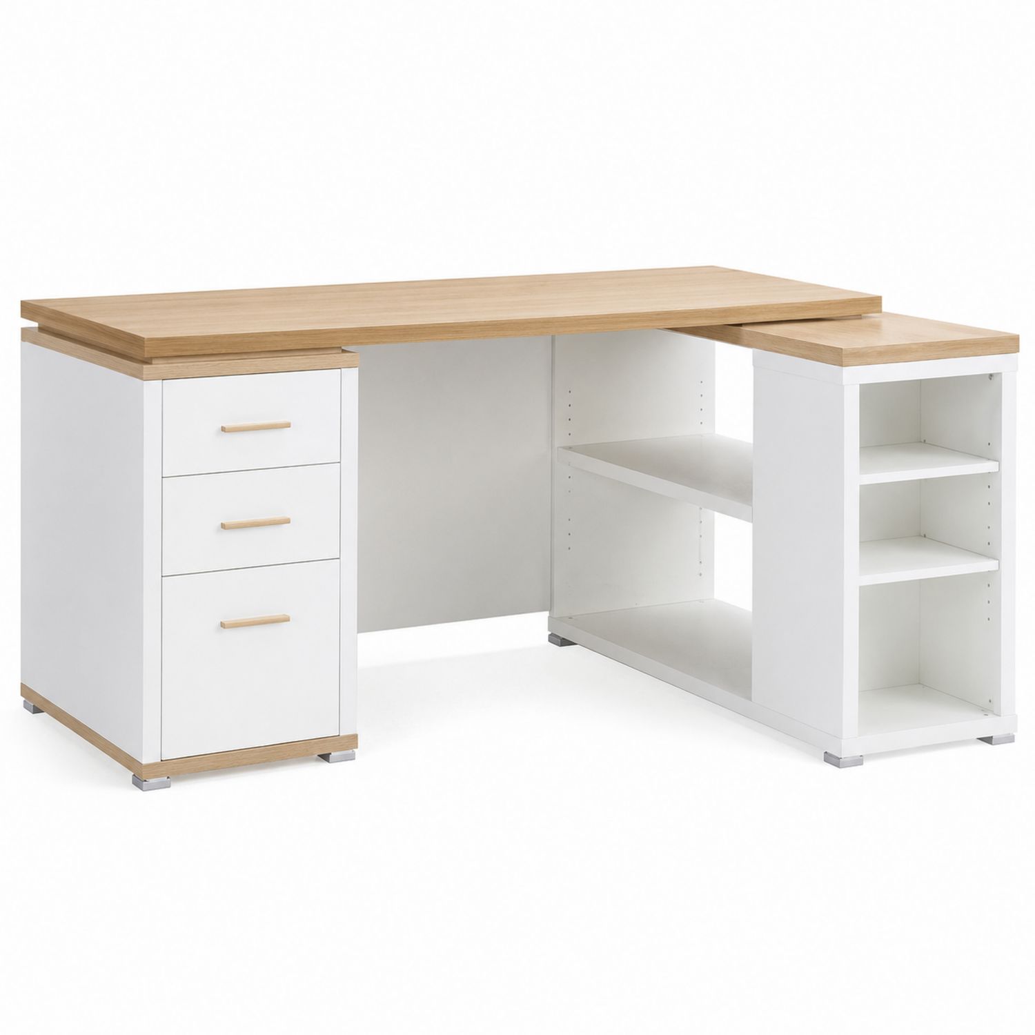 Scrivania ad Angolo in Legno e MDF con Cassetti e Ripiani