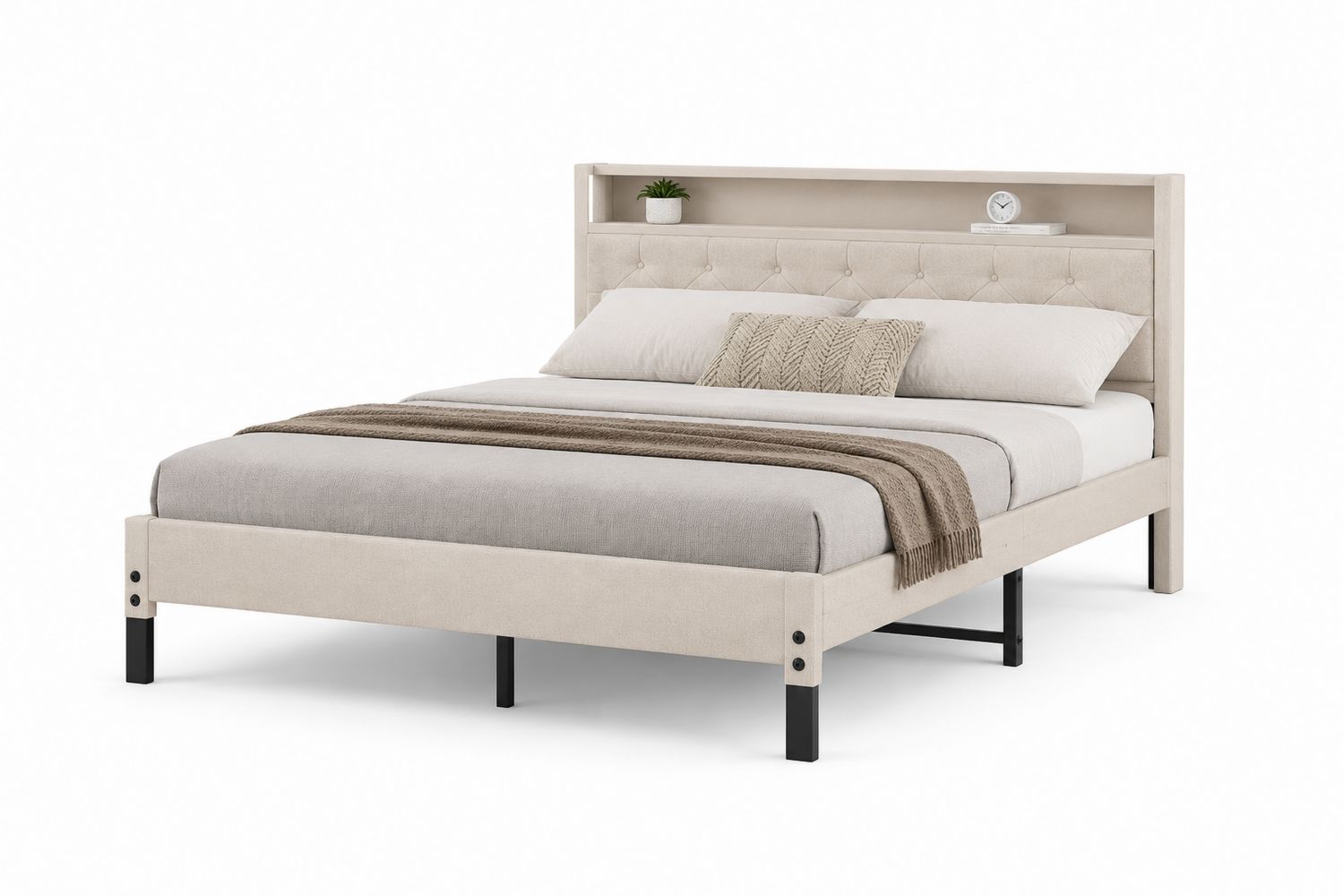Letto matrimoniale in tessuto beige con struttura in metallo nero