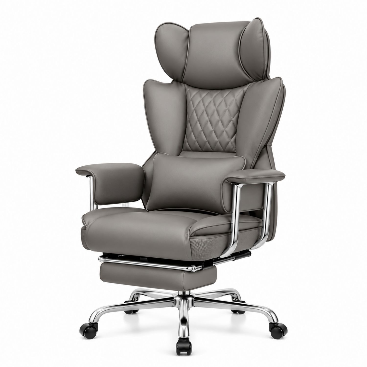 Sedia ergonomica in pelle sintetica grigia con poggiapiedi