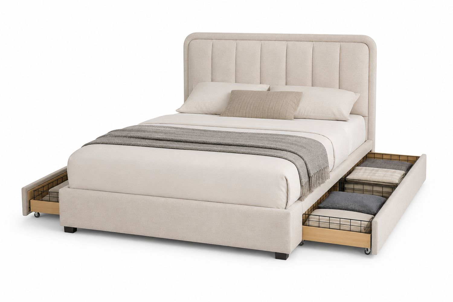 Letto imbottito con cassetti in legno e metallo rivestito in tessuto beige 200x160 cm
