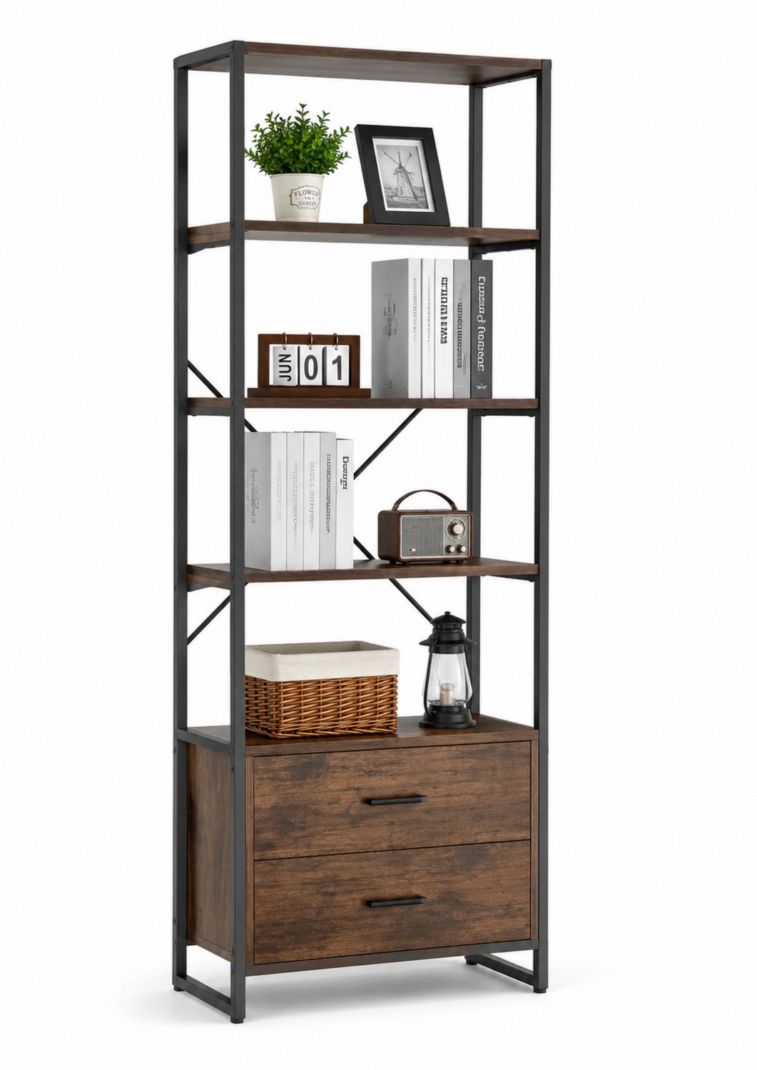 Libreria Scaffale in Metallo con Ripiani in Legno Marrone/Nero