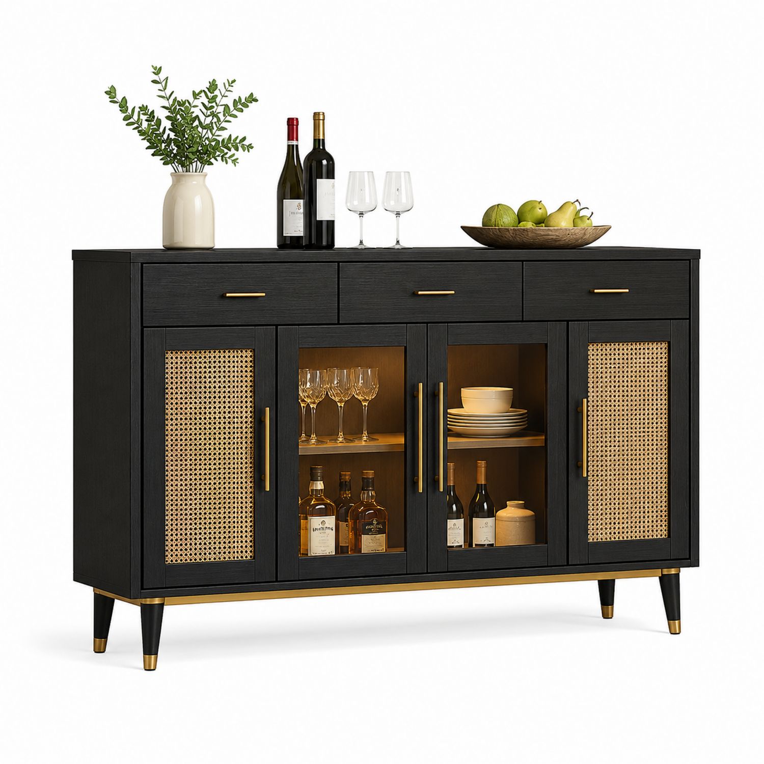 Credenza in Legno e Rattan con Ante in Vetro