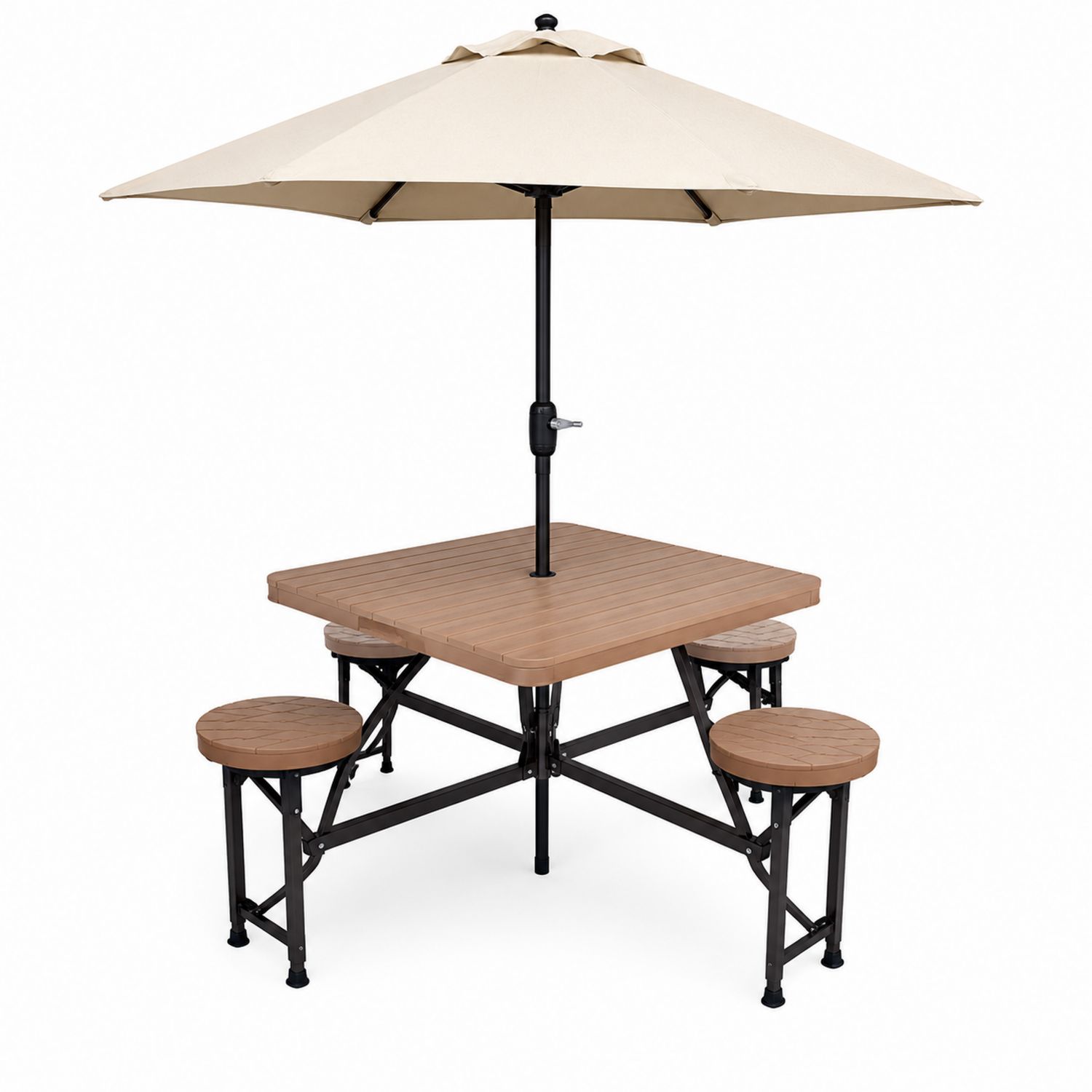 Set tavolo da esterno in legno composito con sgabelli e ombrellone