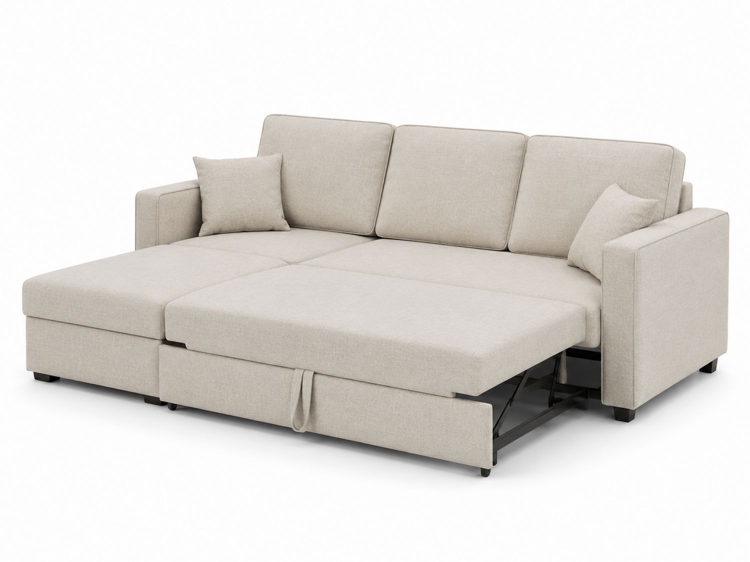 Divano Letto Angolare in Tessuto Beige con Cuscini Coordinati