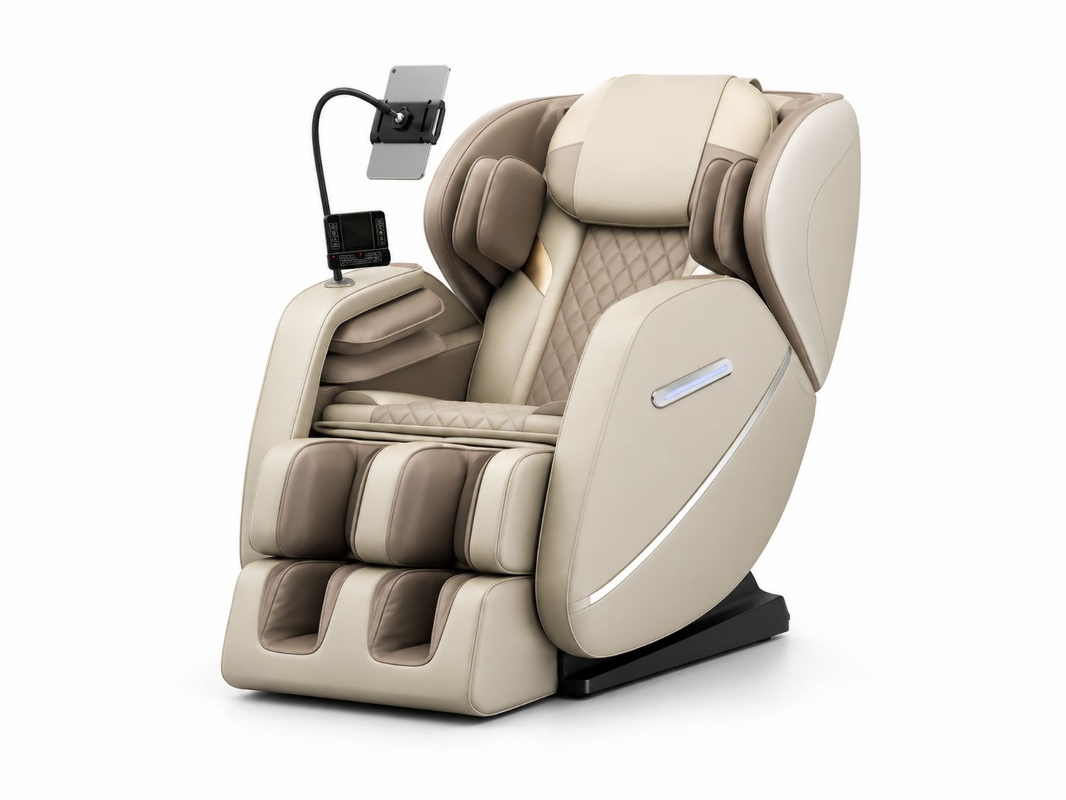 Poltrona Massaggiante Reclinabile in Pelle Sintetica Beige e Marrone con Touch Screen e Supporto Tablet
