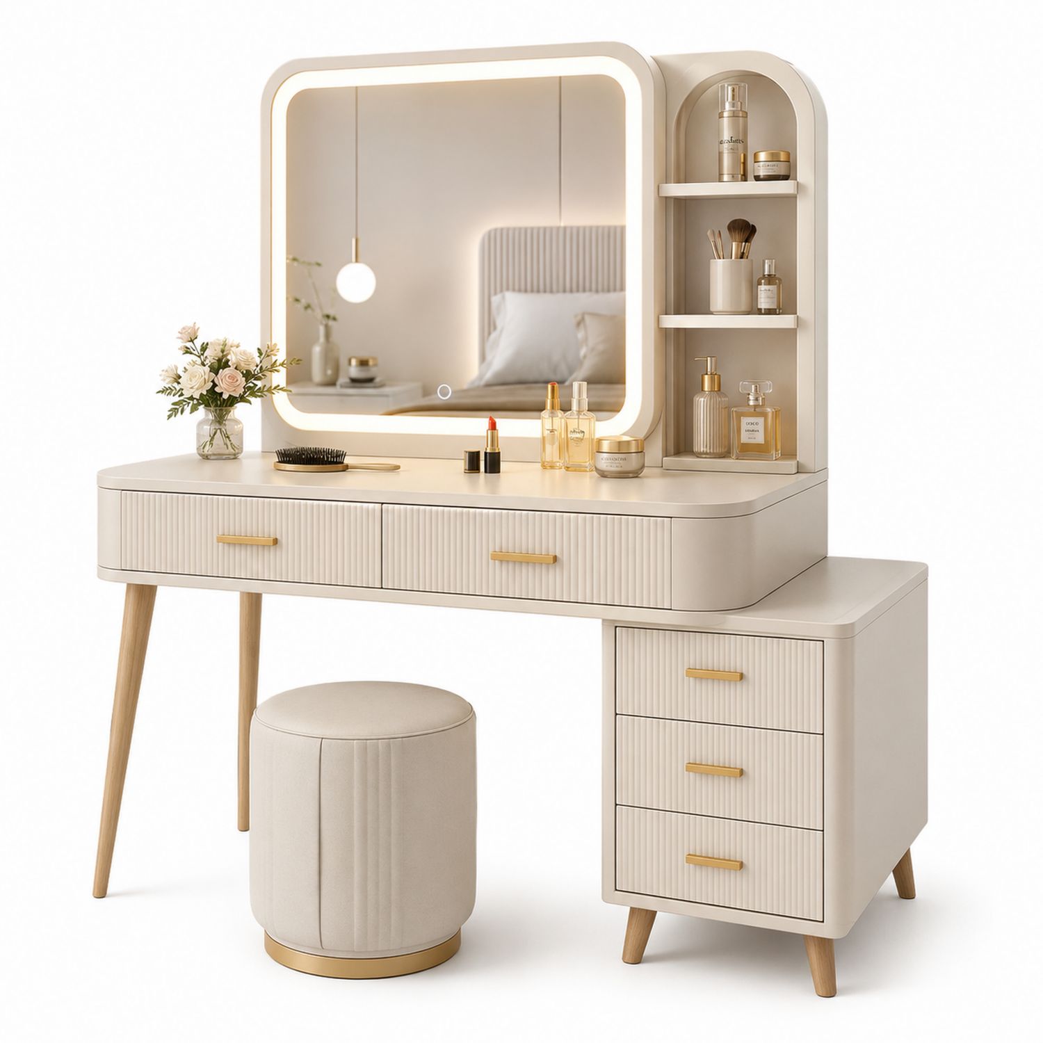 Toeletta con Specchio LED e Sgabello in MDF e Tessuto Beige