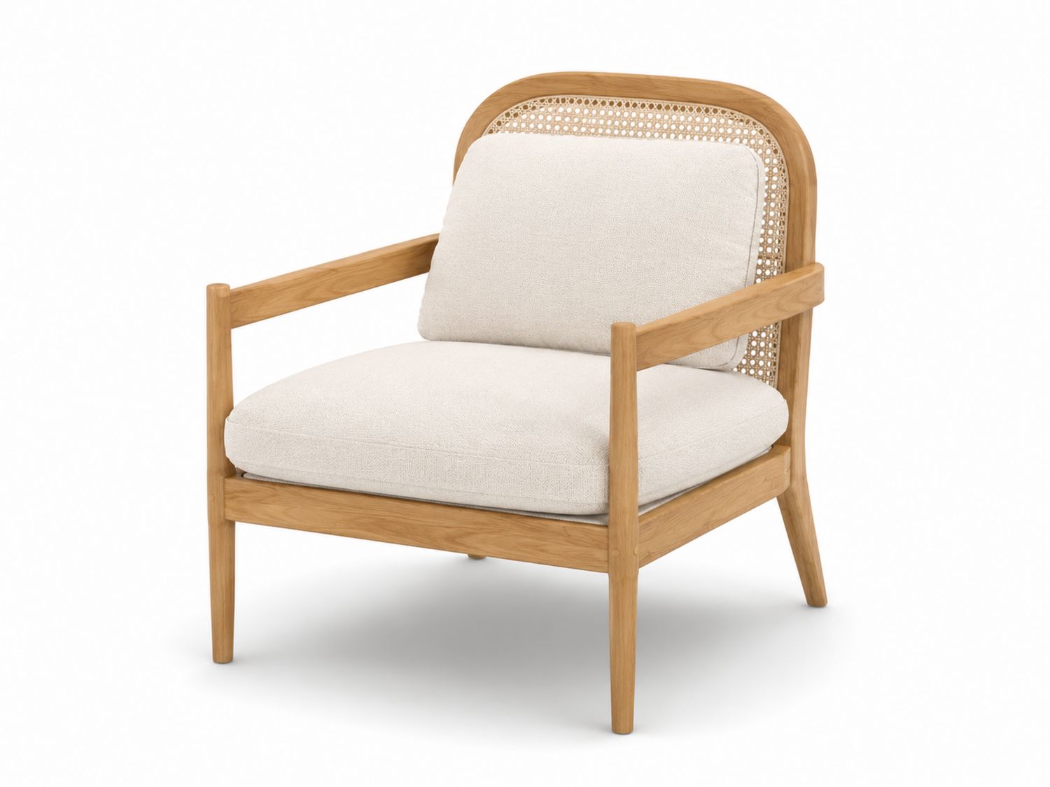 Poltrona in legno con schienale in rattan e cuscini crema