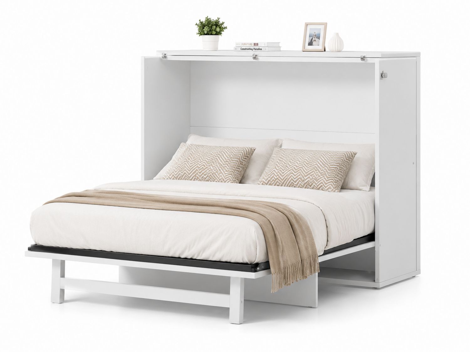 Letto a scomparsa matrimoniale in legno bianco con mensola