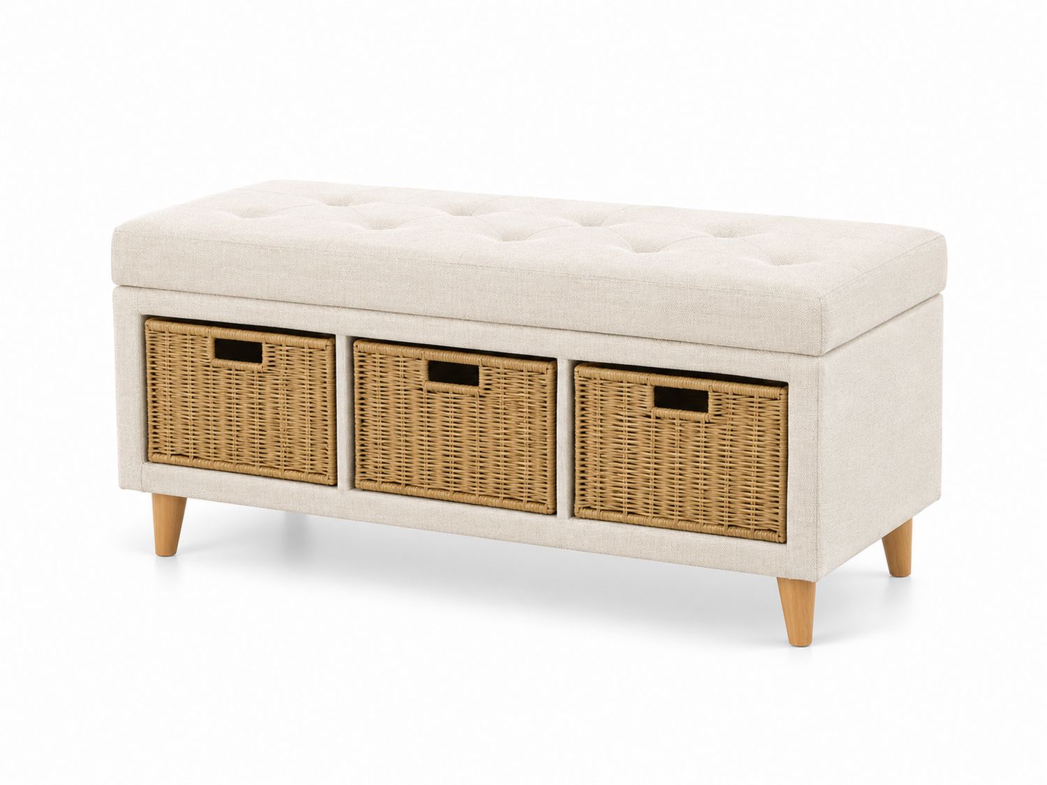 Panca contenitore in legno e rattan con cuscino trapuntato beige