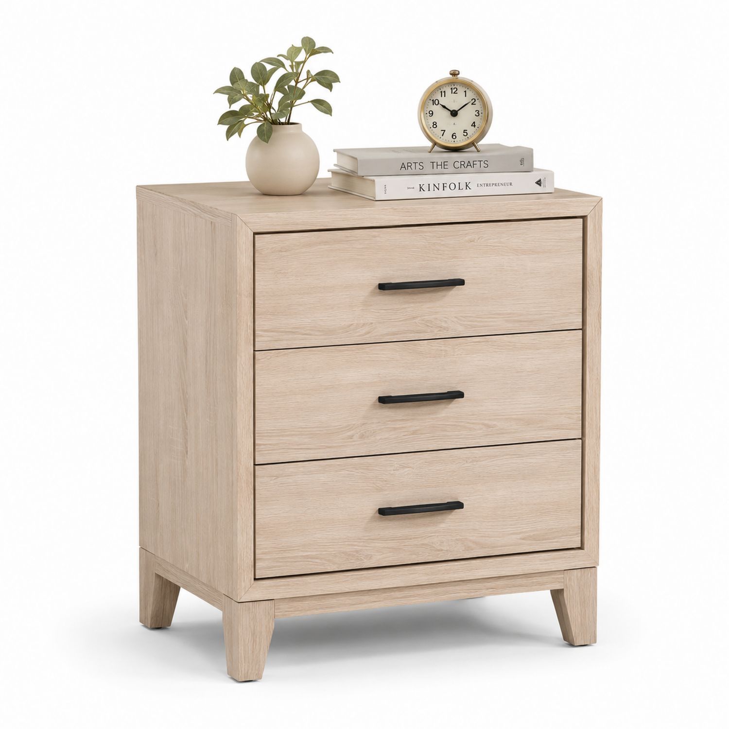 Comodino in Legno di Rovere Chiaro con 3 Cassetti