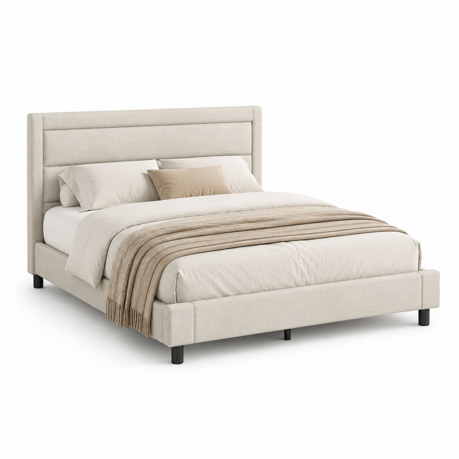 Letto matrimoniale con testiera imbottita in tessuto beige e cuscini