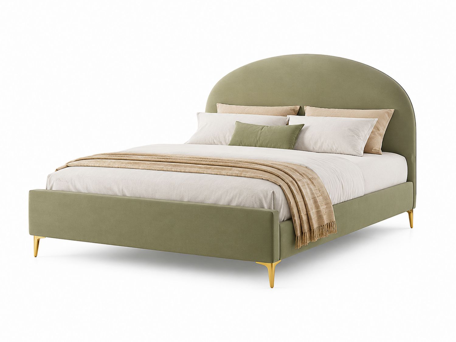 Letto matrimoniale in velluto verde con testiera curva e gambe dorate