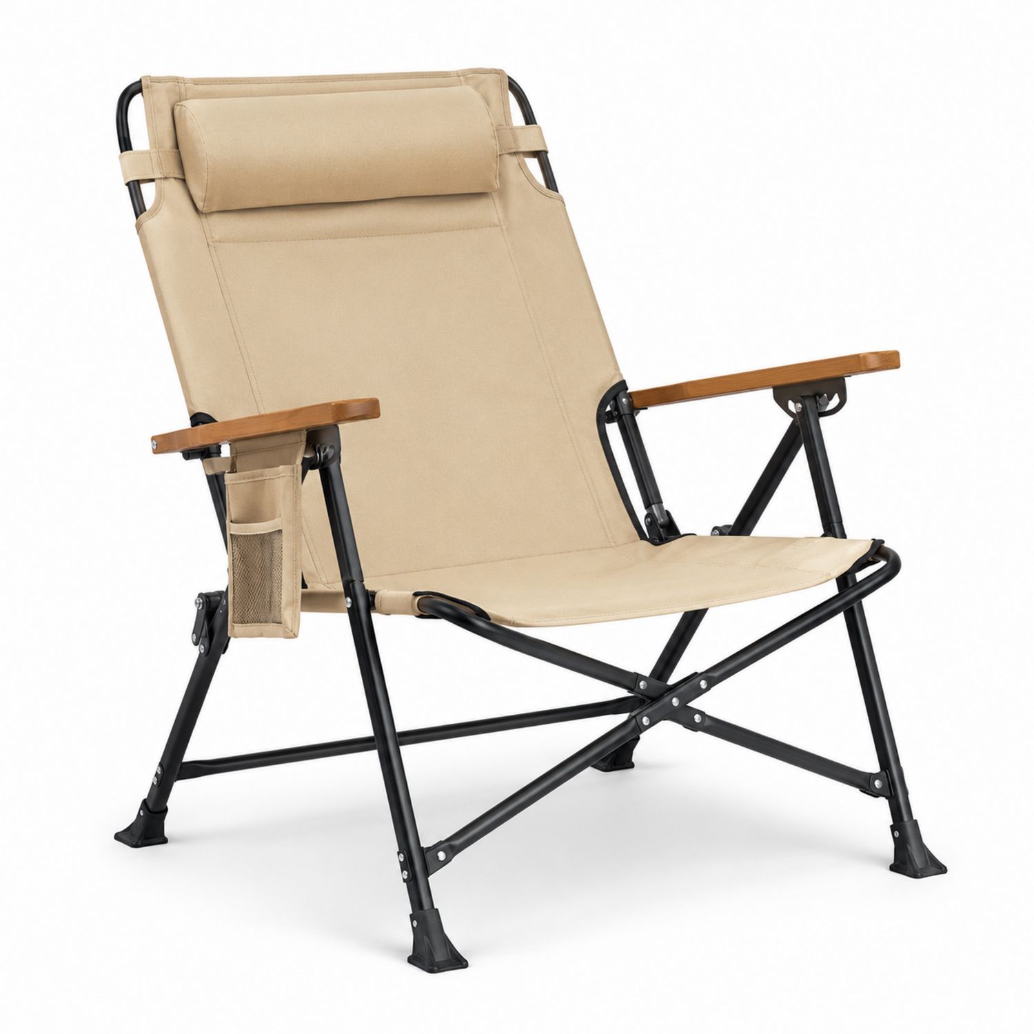 Sedia pieghevole in metallo e legno con braccioli Beige