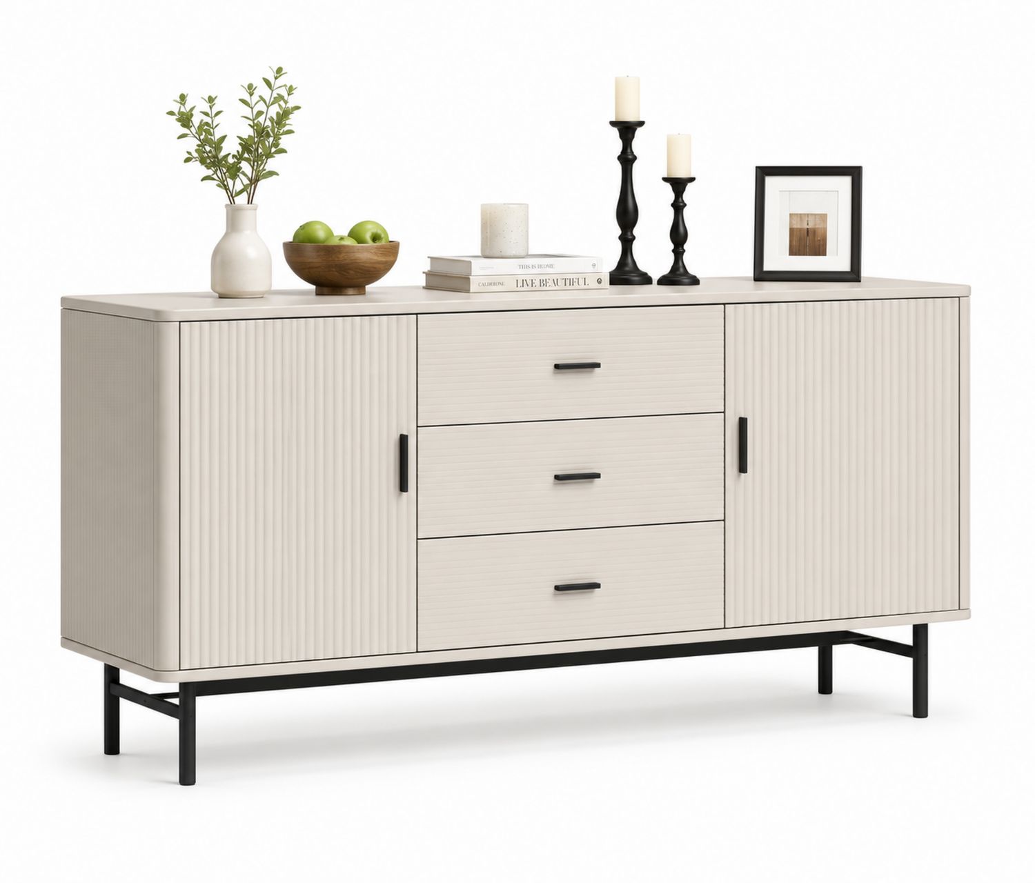 Credenza in Legno MDF e Metallo con 2 Ante e 3 Cassetti Beige