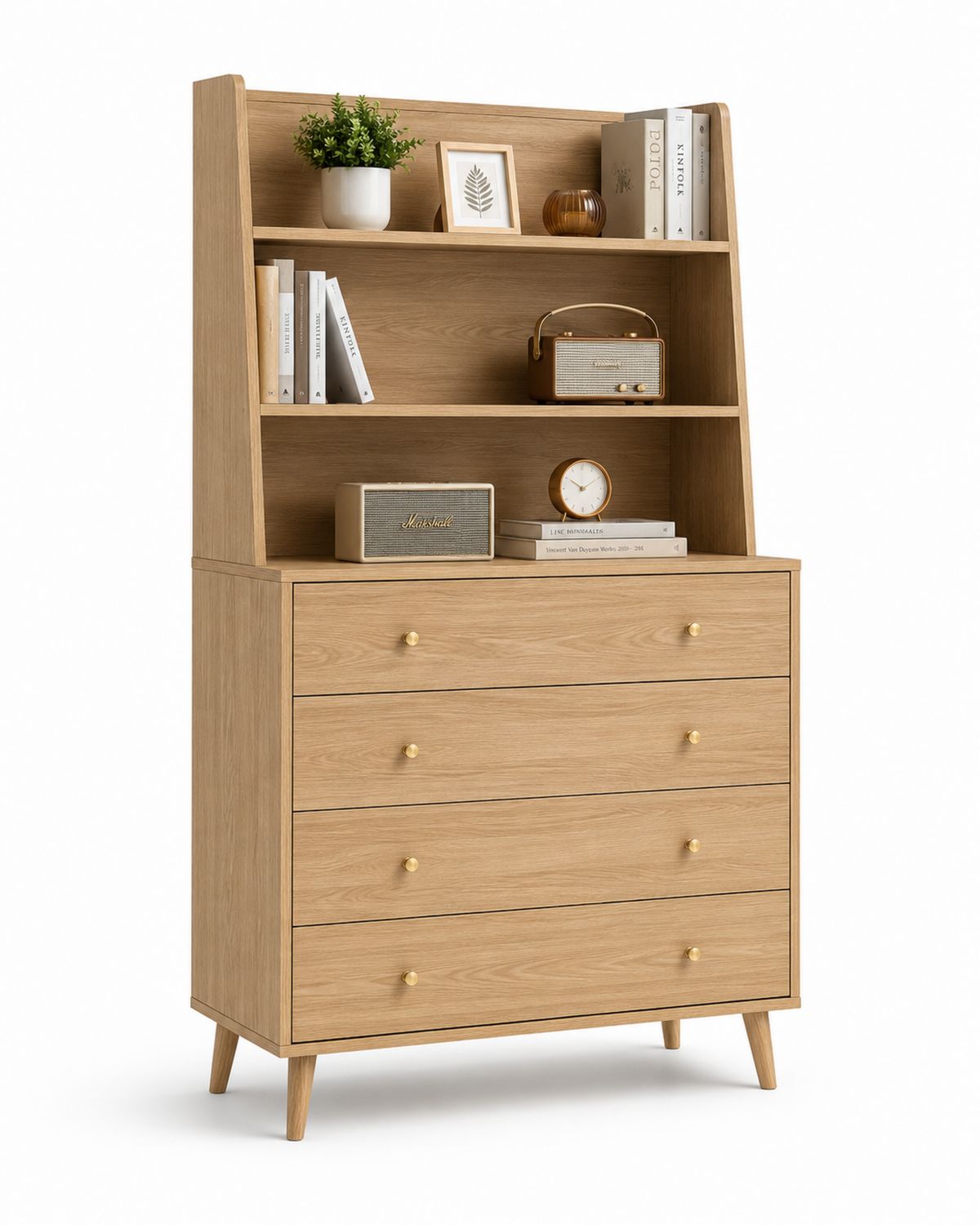 Cassettiera con Libreria in Legno di Quercia con 4 Cassetti